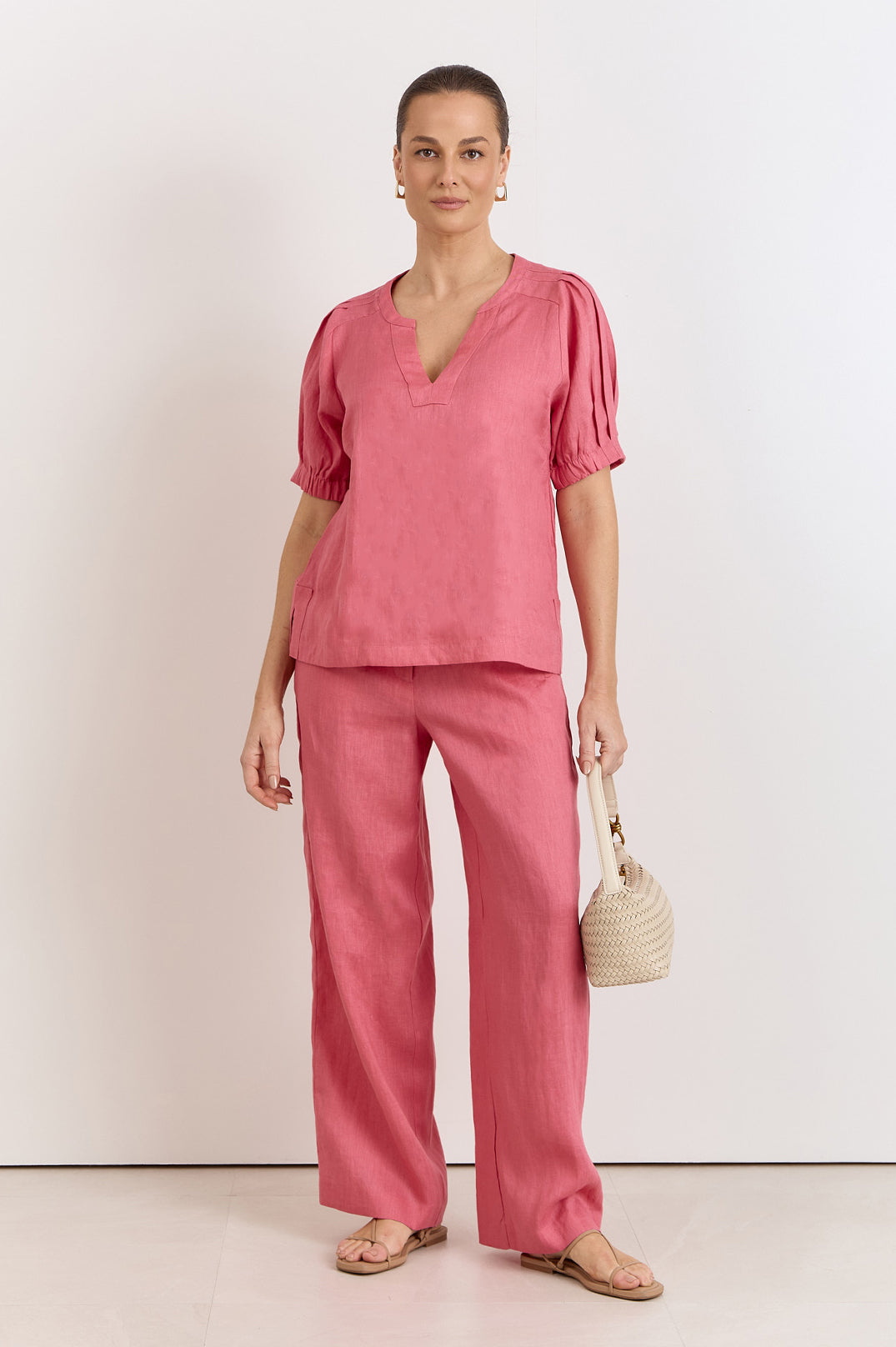 Harrie Pleated Linen Top - Watermelon