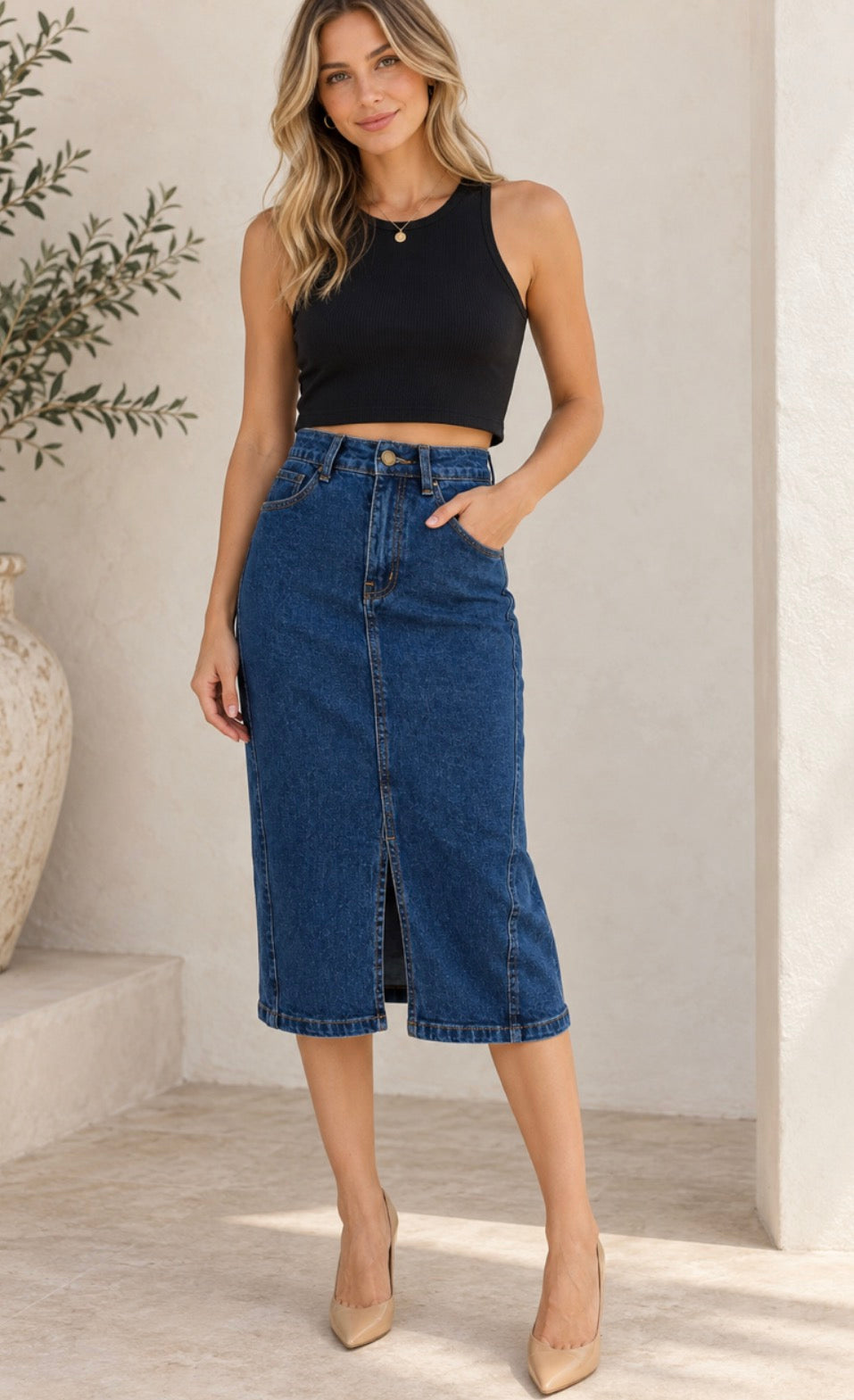 Split Front Denim Midi Skirt - Dark Wash, view 3