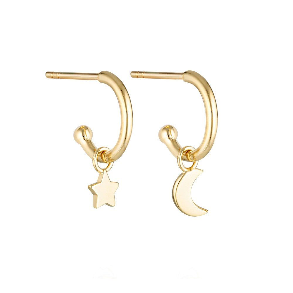 Star & Moon Charm Hoop Earrings - Gold