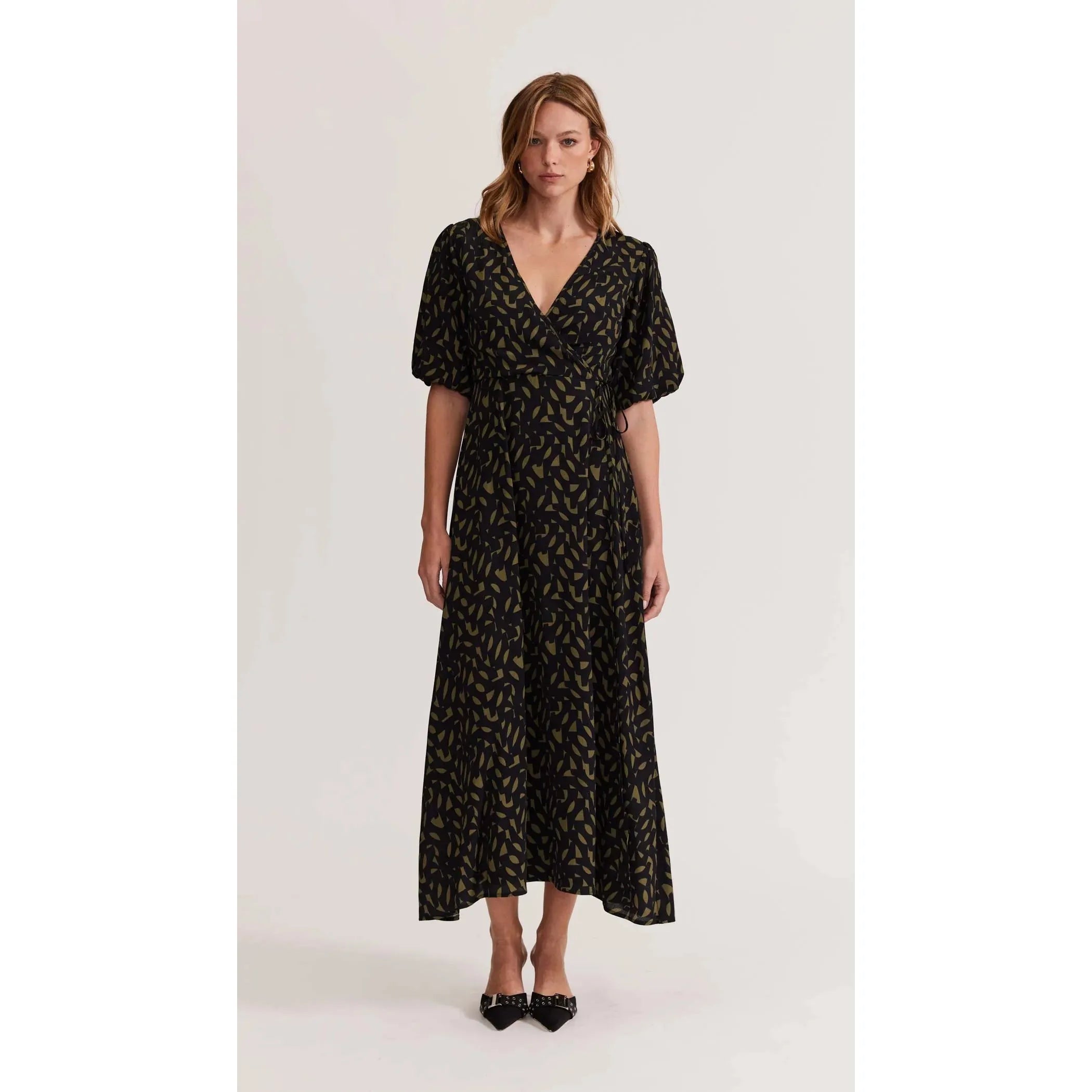 Zadie Wrap Midi Dress - Khaki/Black