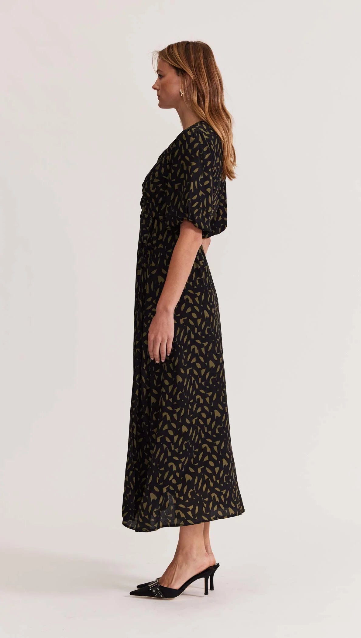 Zadie Wrap Midi Wrap Dress - Khaki/Geo