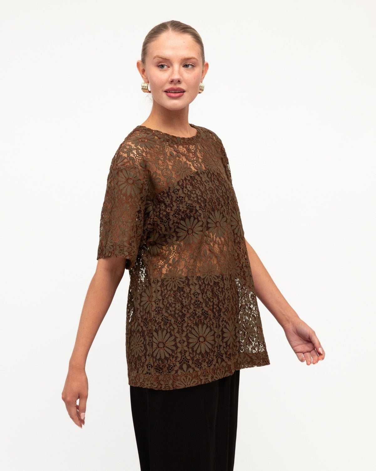 Santana Lace Tee - Chocolate, lace detail close-up