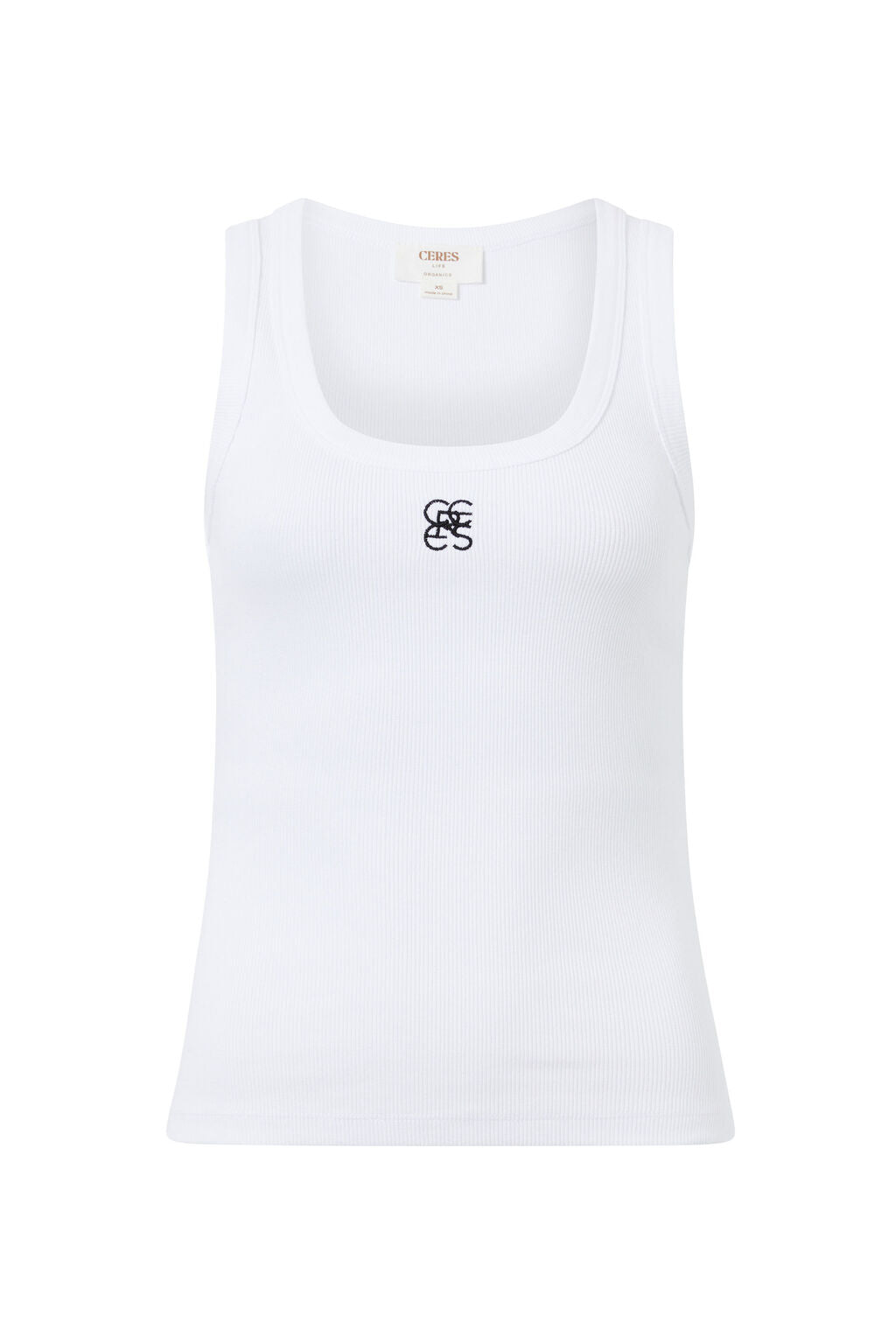 Zoe Contour Rib Scoop Tank - White/black monogram embroidery