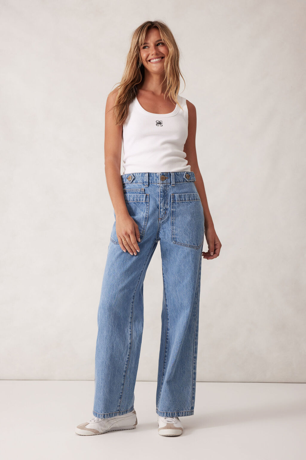 Zoe Contour Rib Scoop Tank - White/black monogram embroidery