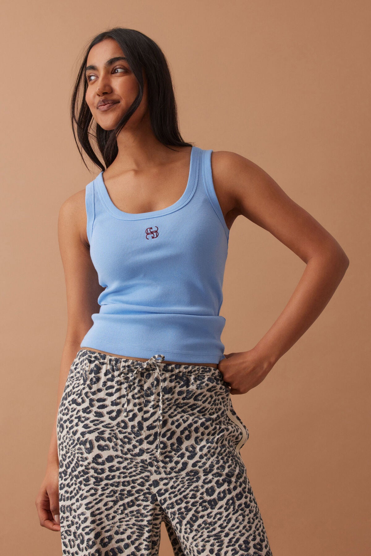 Zoe Contour Rib Scoop Tank - Powder Blue / Monogram Embroidery