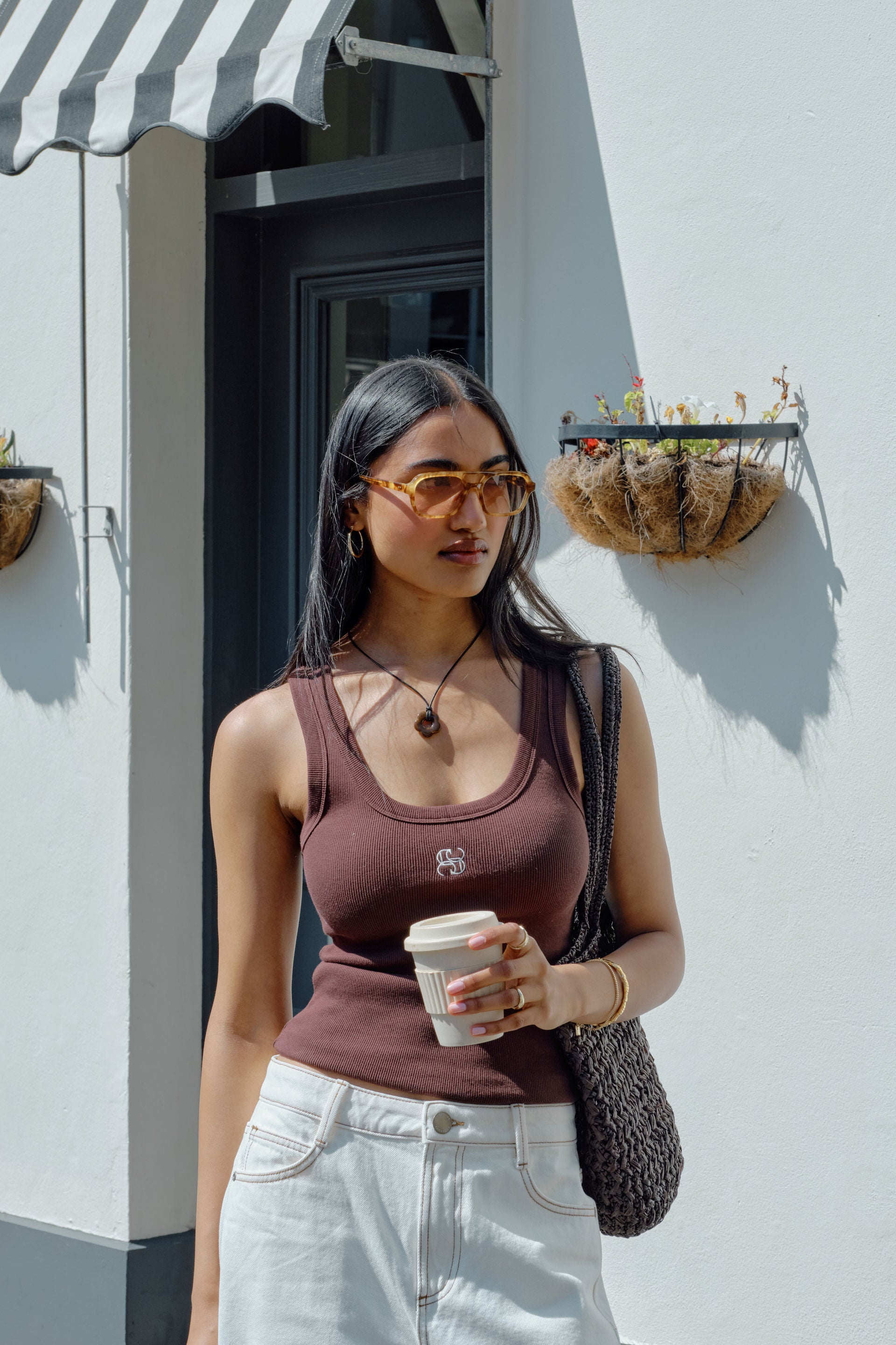 Zoe Contour Rib Scoop Tank - Chocolate/monogram embroidery