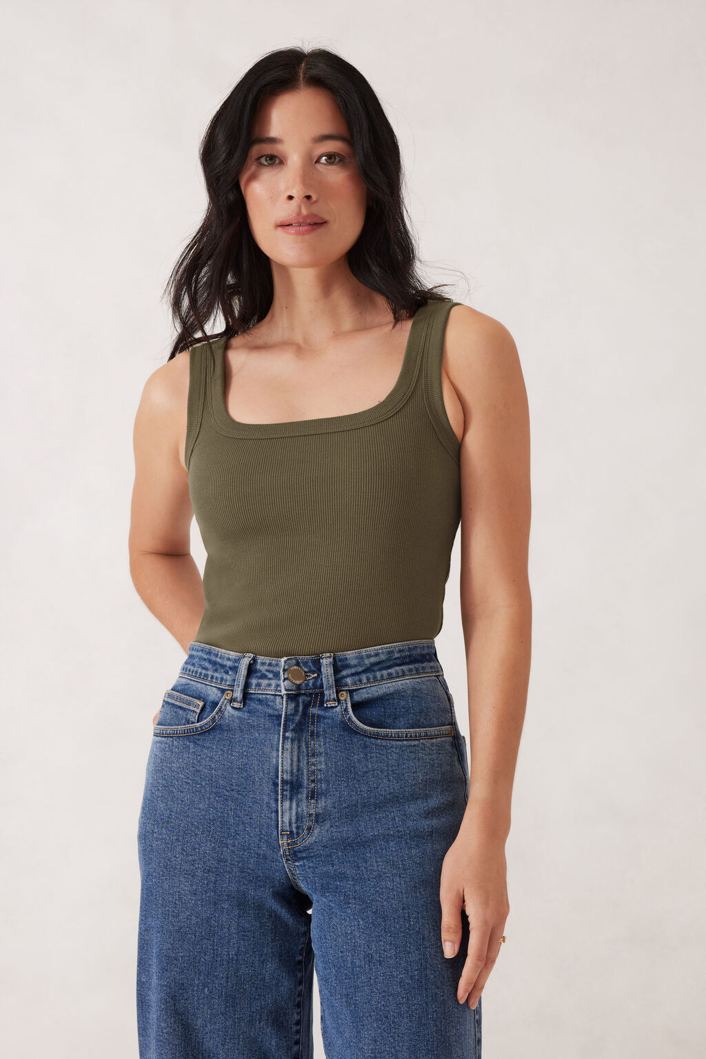 Zaeli Contour Rib Square Neck Tank - Soft Olive