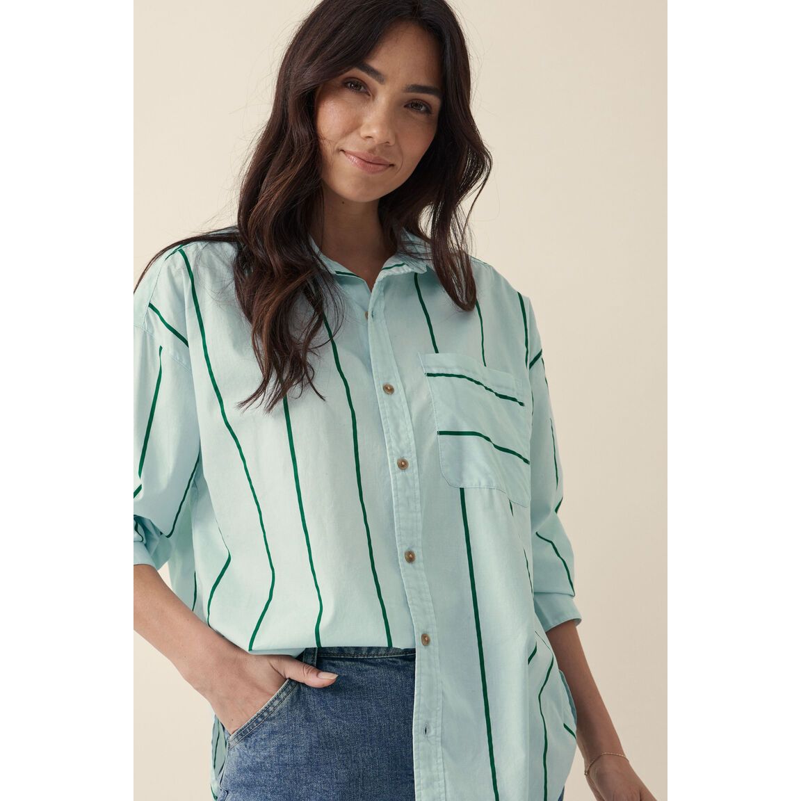 Oversized Poplin Shirt - Green wide stripe organic cotton