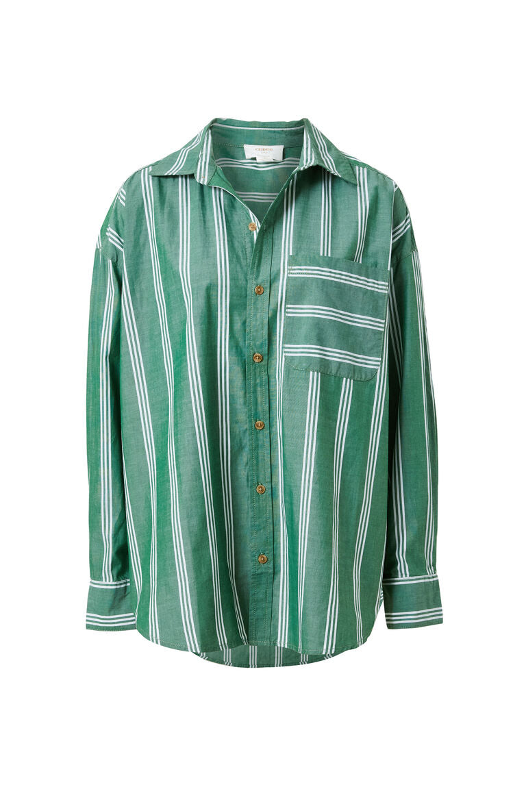 Oversized Poplin Shirt - Green white triple stripe