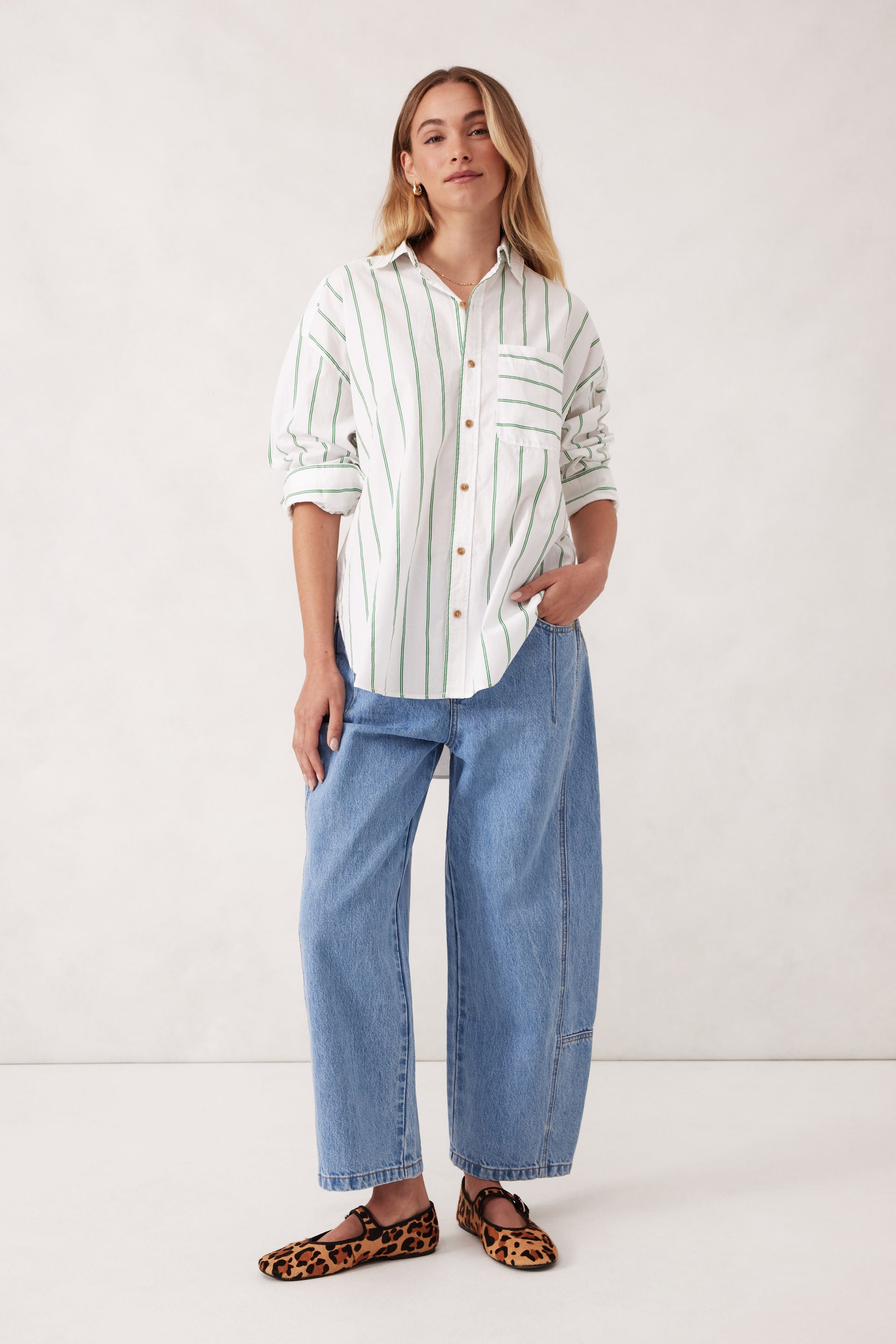 Oversized Shirt - Grass Fine Twin Stripe