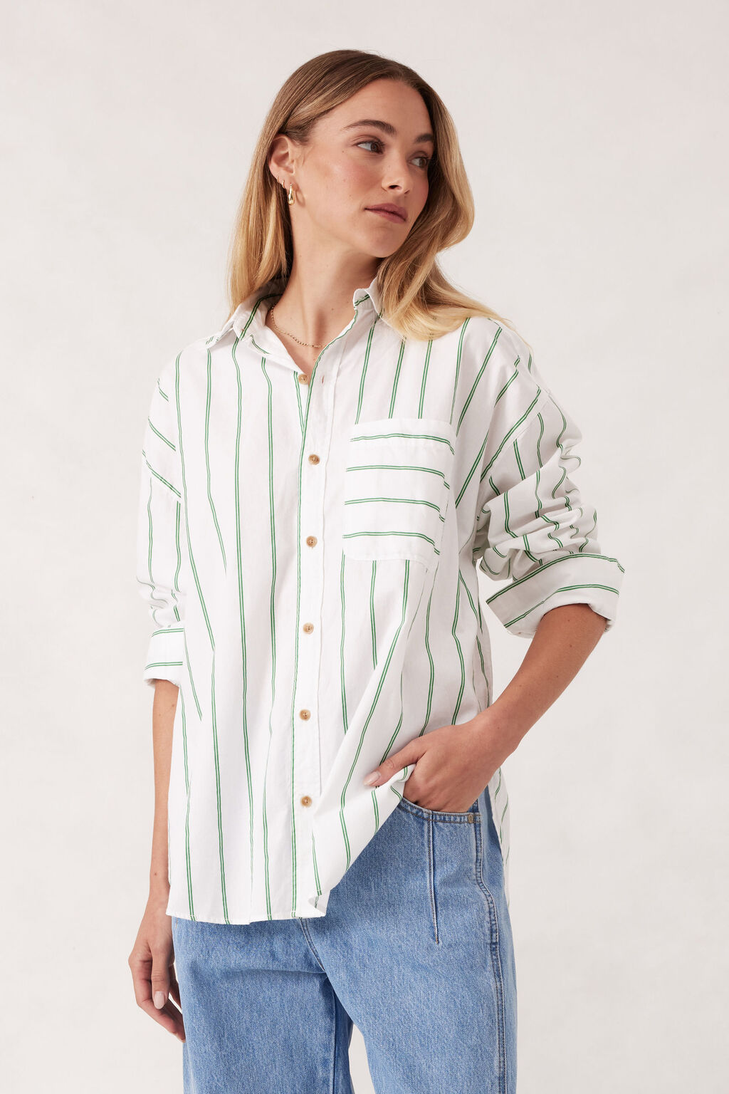 Oversized Shirt - Grass Fine Twin Stripe