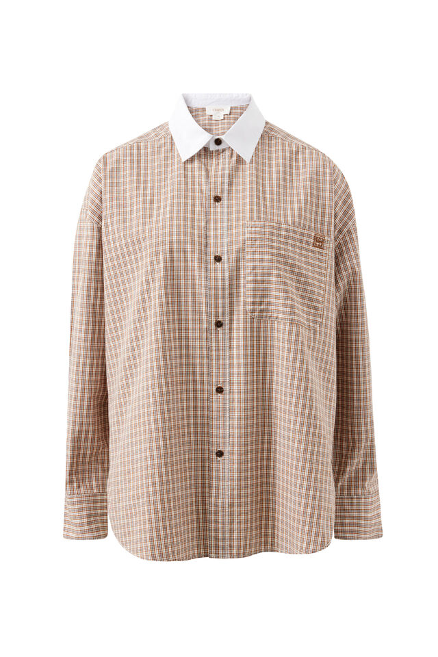 Ceres Life Peta Oversized Shirt in Toffee Check, oversized fit styled with denim