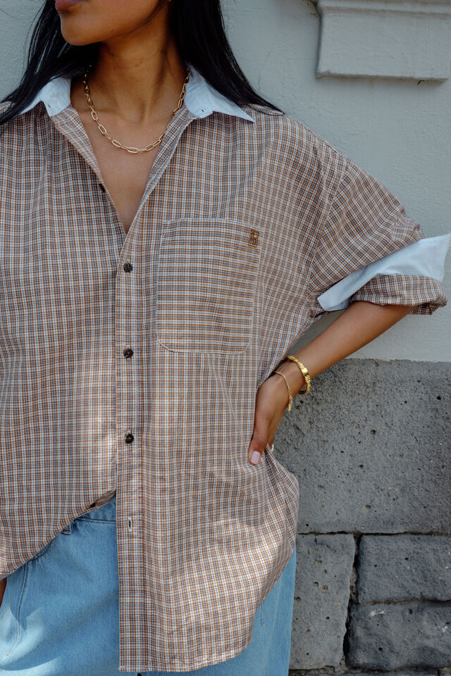 Ceres Life Peta Oversized Shirt in Toffee Check organic cotton poplin, front view