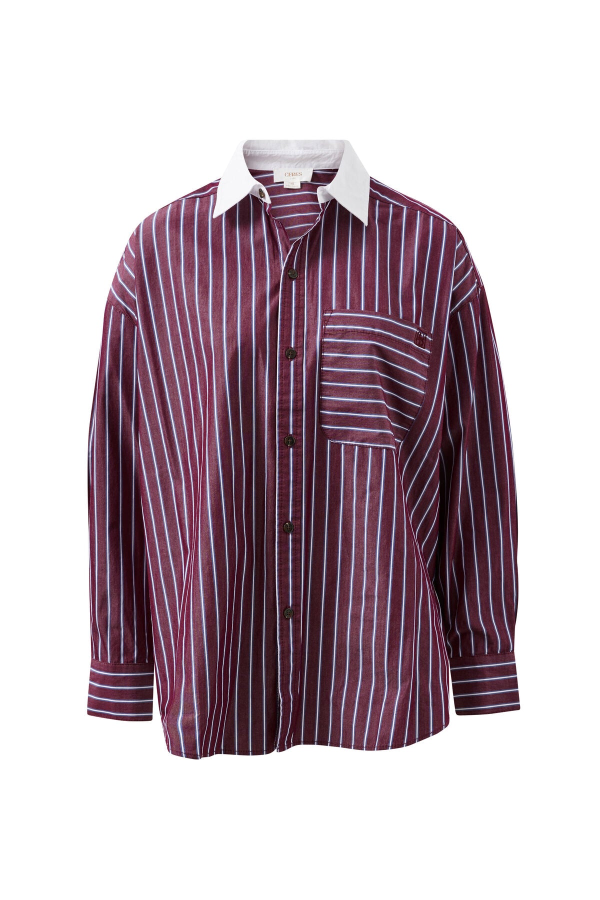 Peta Oversized Shirt -  Burgundy washed navy stripe white collar