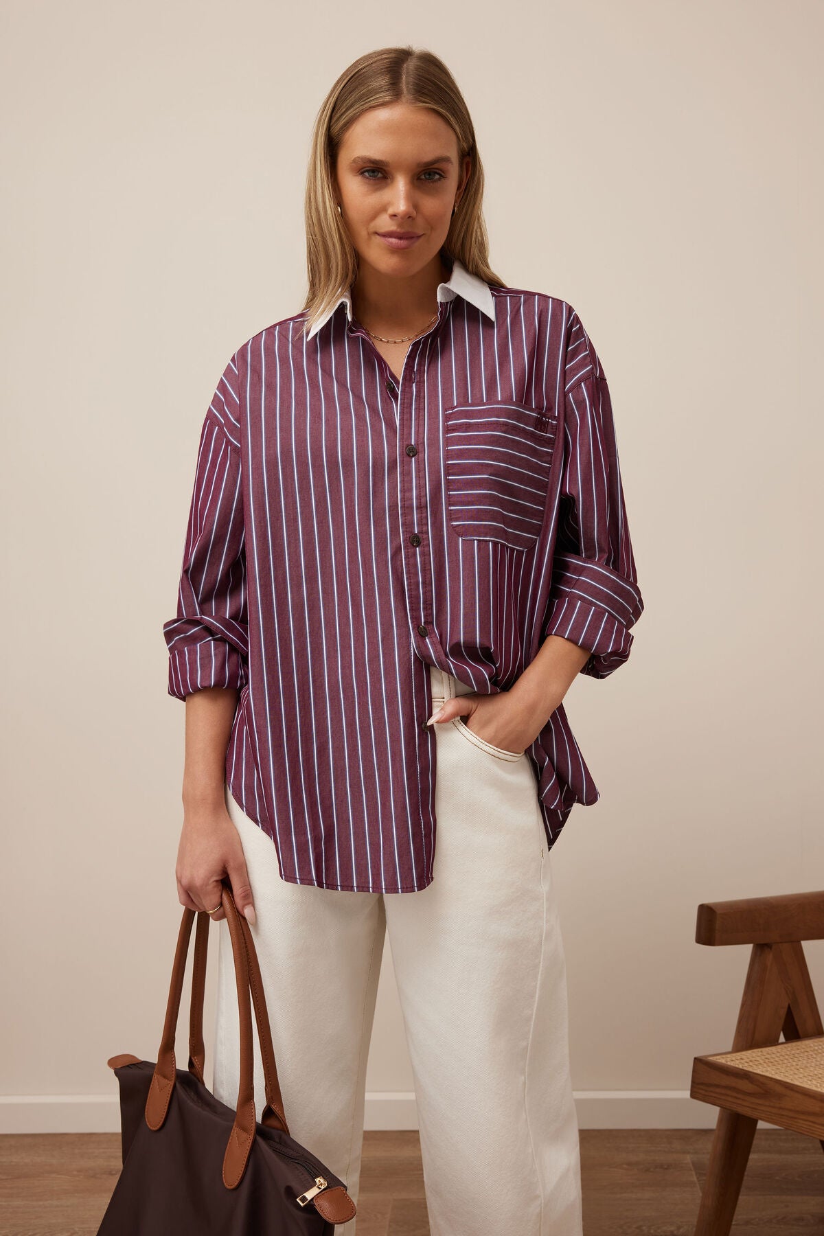Peta Oversized Shirt -  Burgundy washed navy stripe white collar