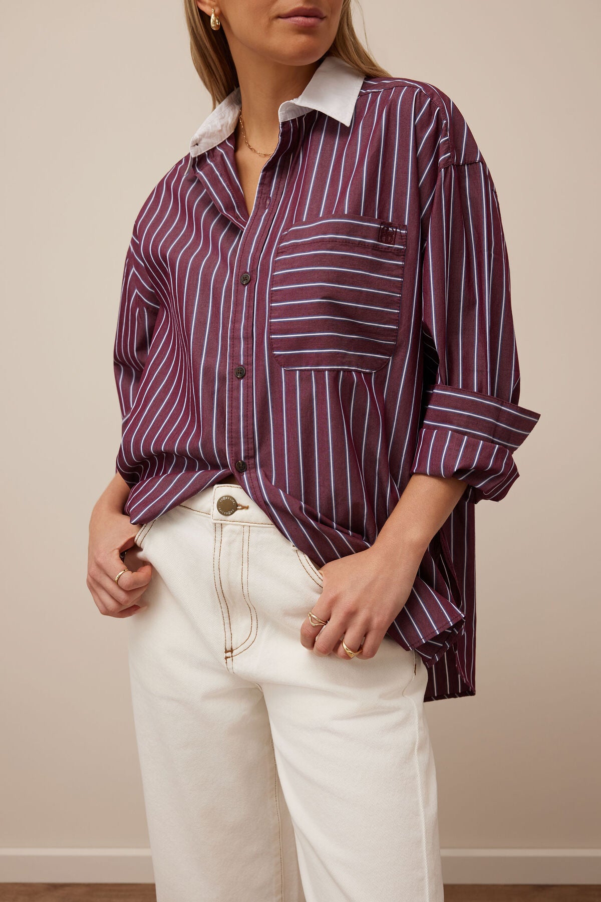 Peta Oversized Shirt -  Burgundy washed navy stripe white collar