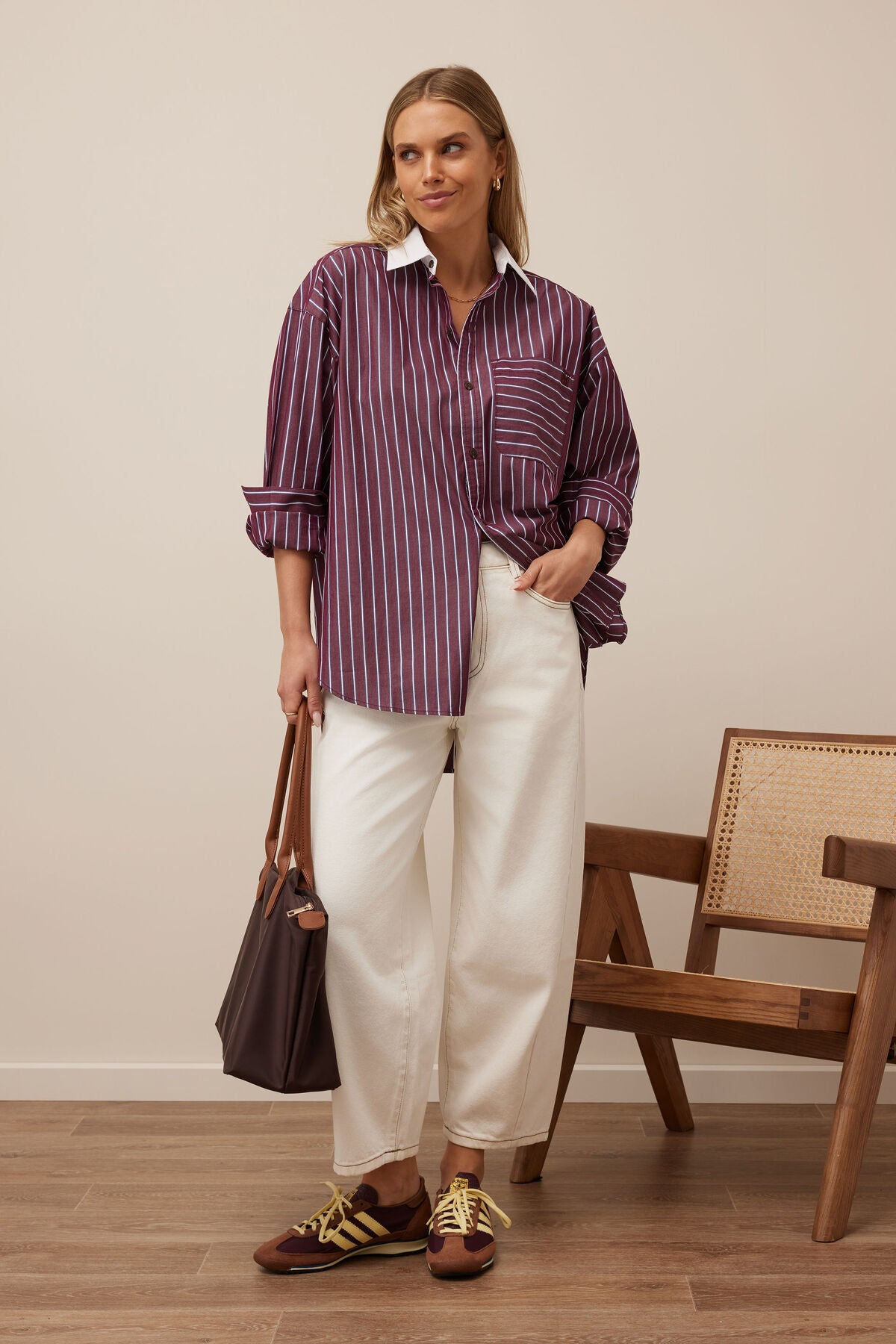 Peta Oversized Shirt -  Burgundy washed navy stripe white collar