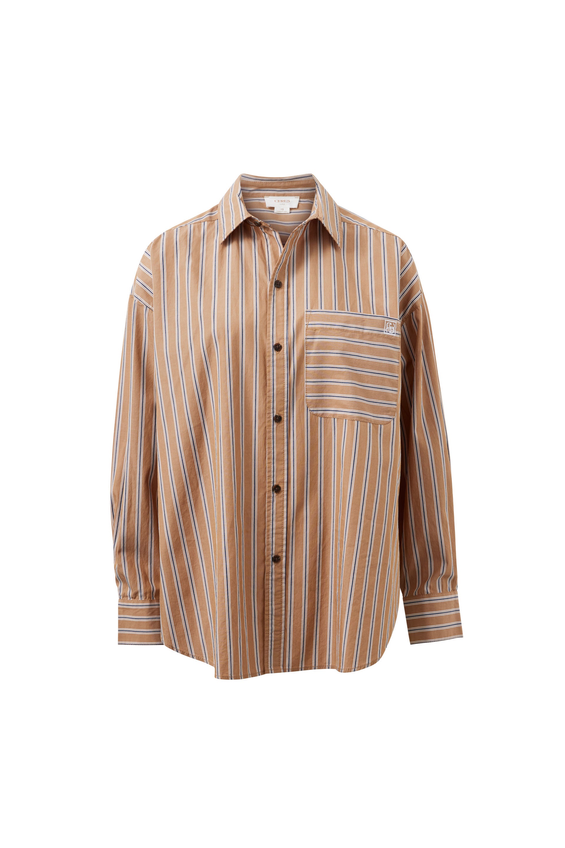 Ceres Life Peta Oversized Shirt in Biscuit Stripe, oversized fit styled with denim