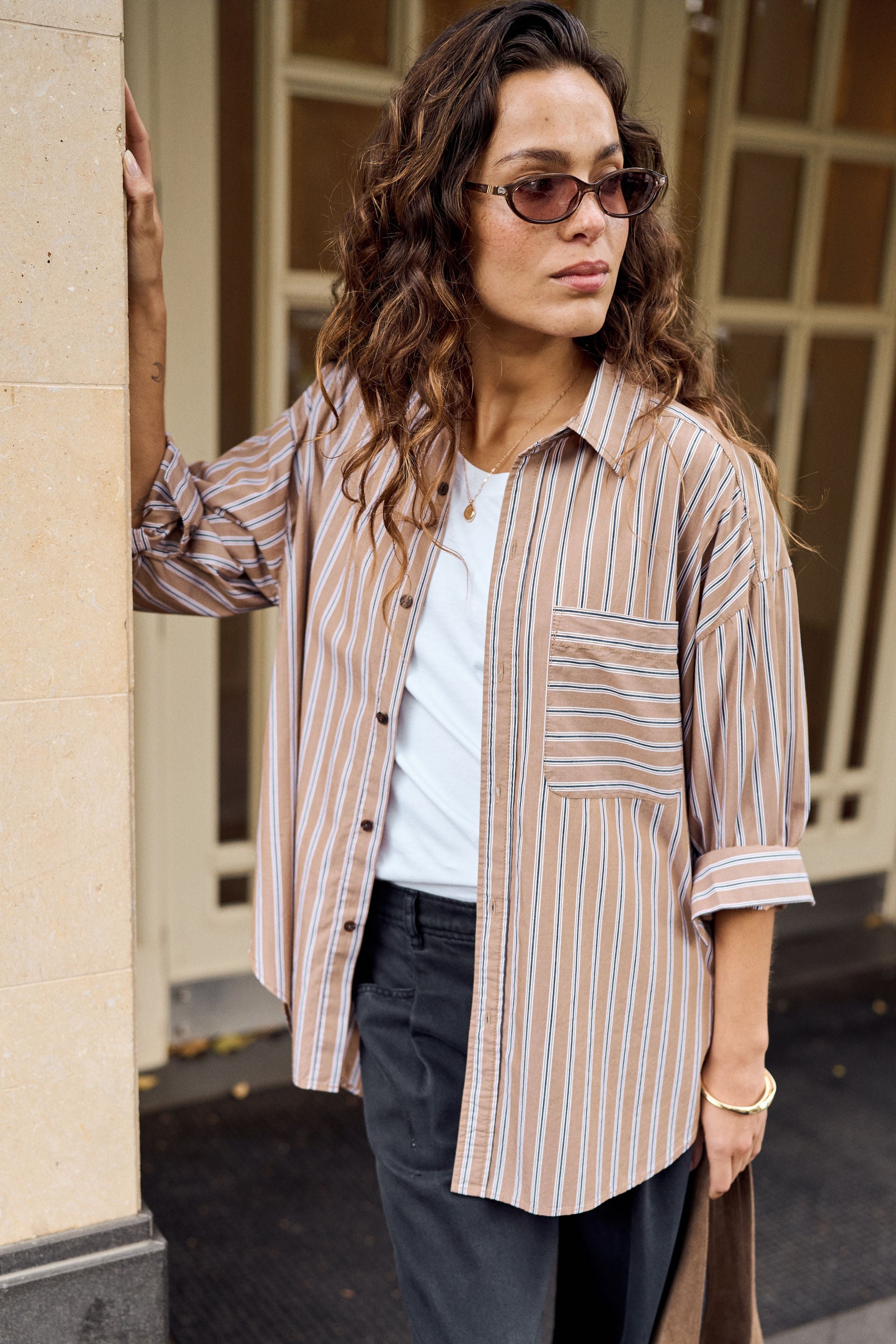 Ceres Life Peta Oversized Shirt in Biscuit Stripe fine poplin, front view