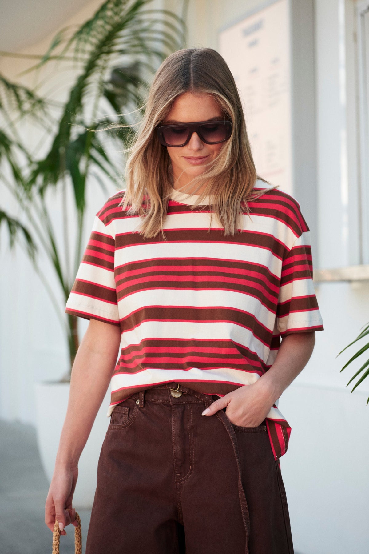 Ceres Life Stevie Slouchy Tee - Heritage Red/Toffee Stripe side