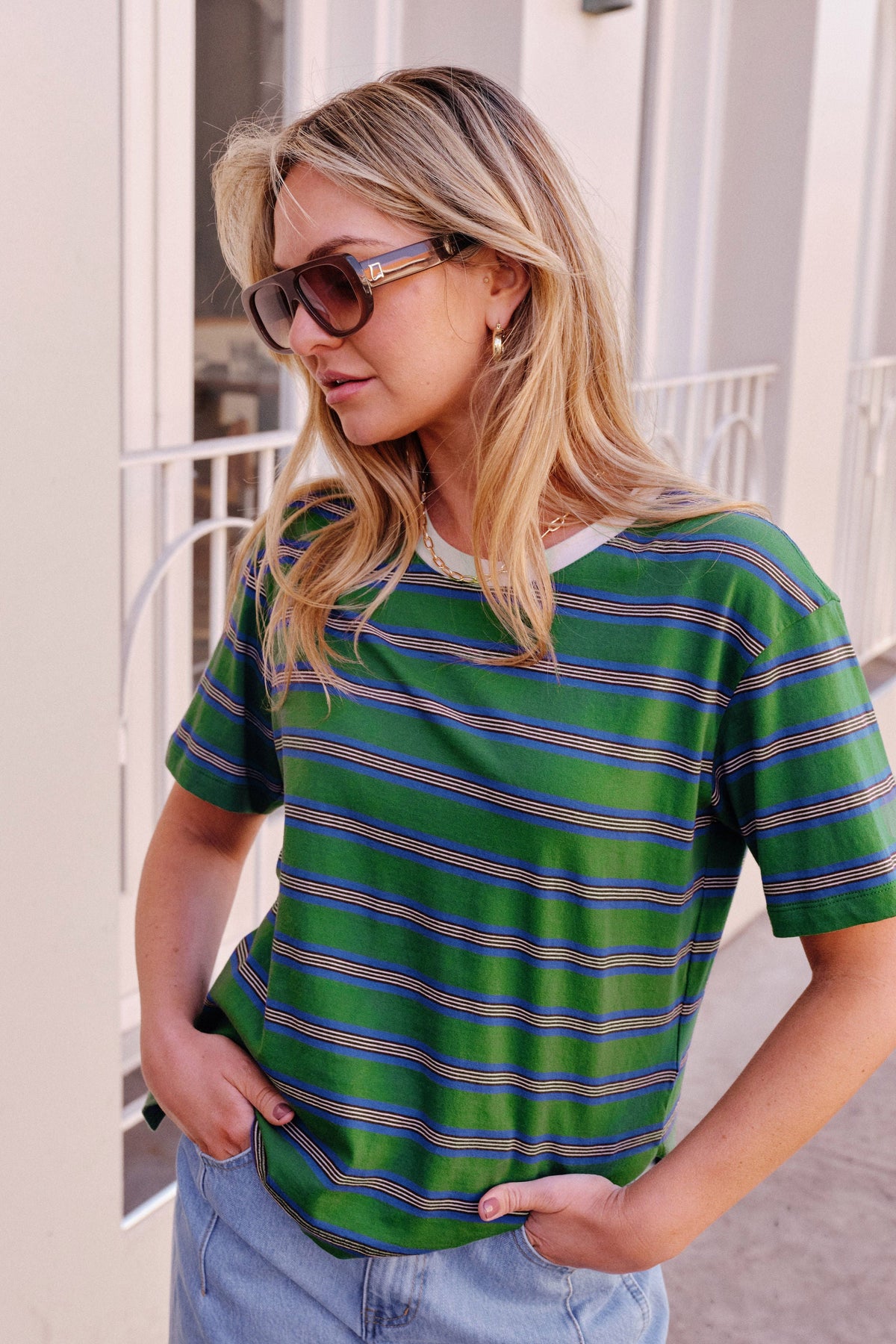 Stevie Slouchy Tee - Basil/Blue Stripe