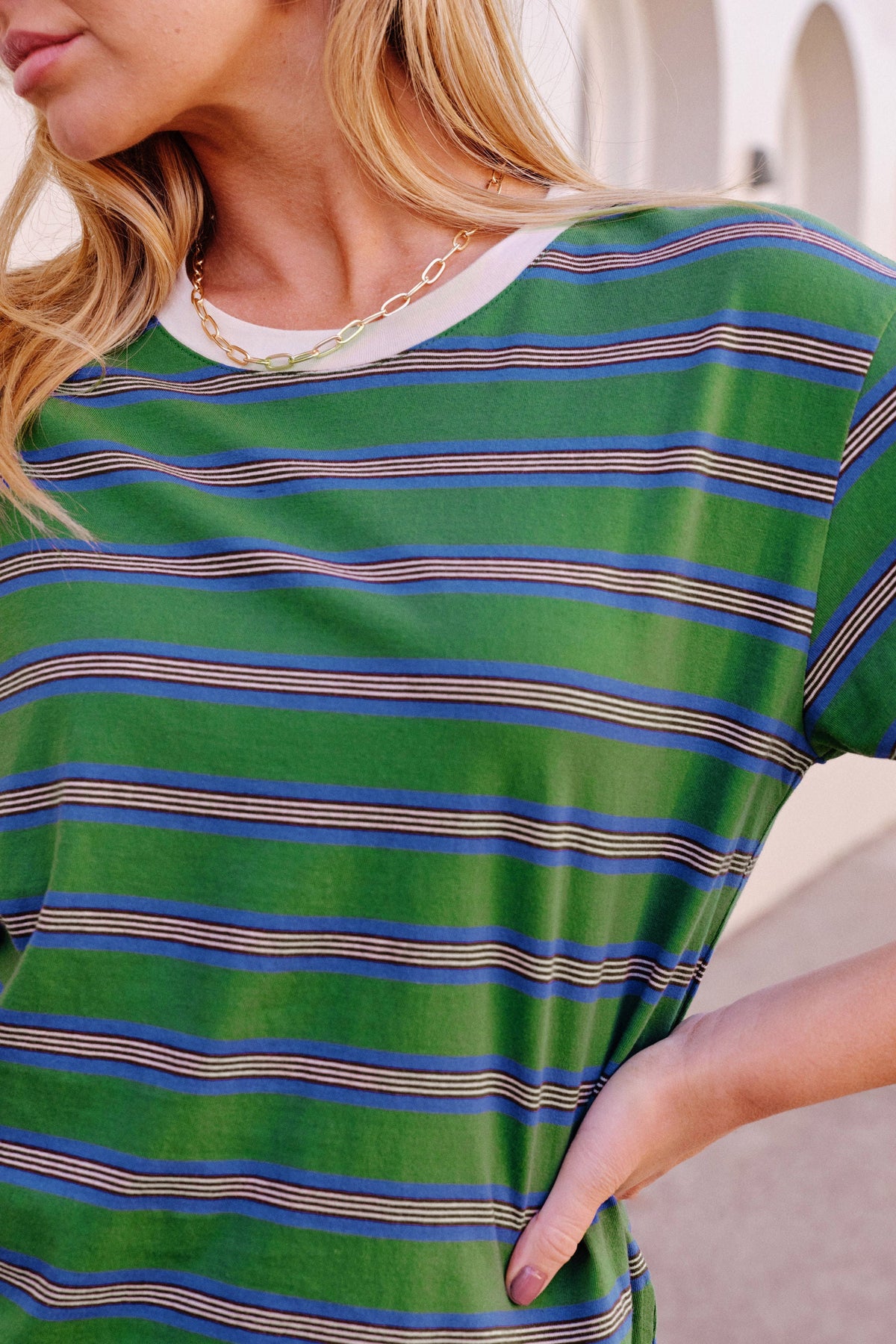 Stevie Slouchy Tee - Basil/Blue Stripe