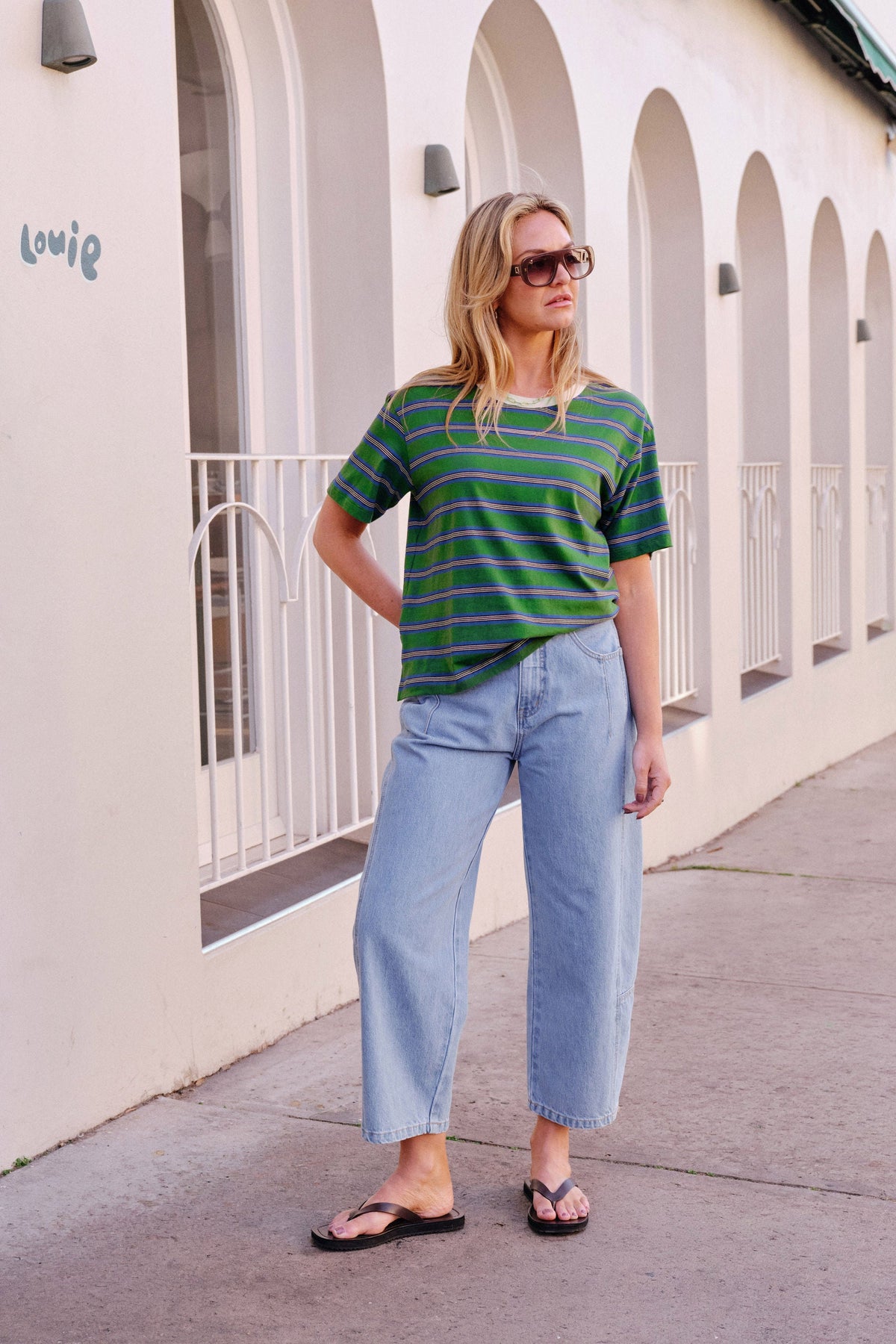 Stevie Slouchy Tee - Basil/Blue Stripe