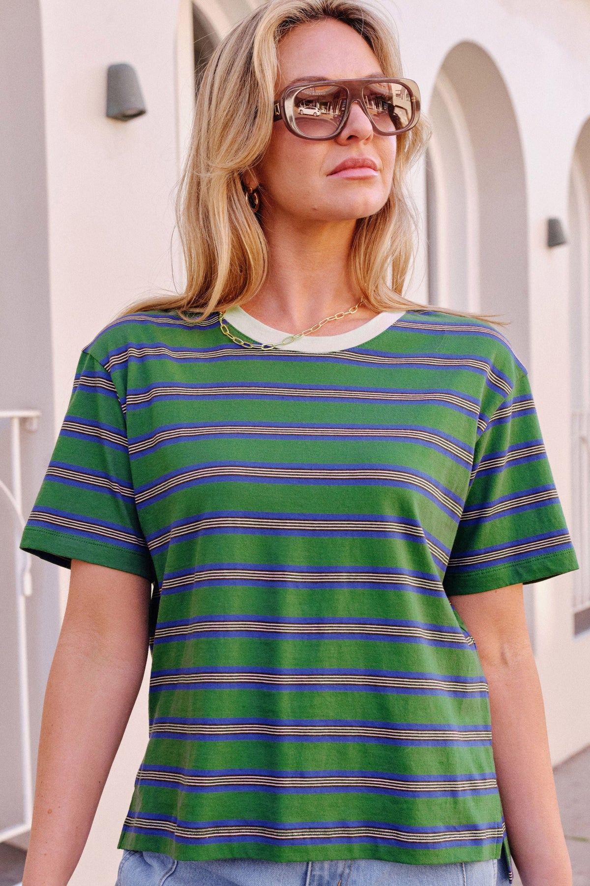 Stevie Slouchy Tee - Basil/Blue Stripe