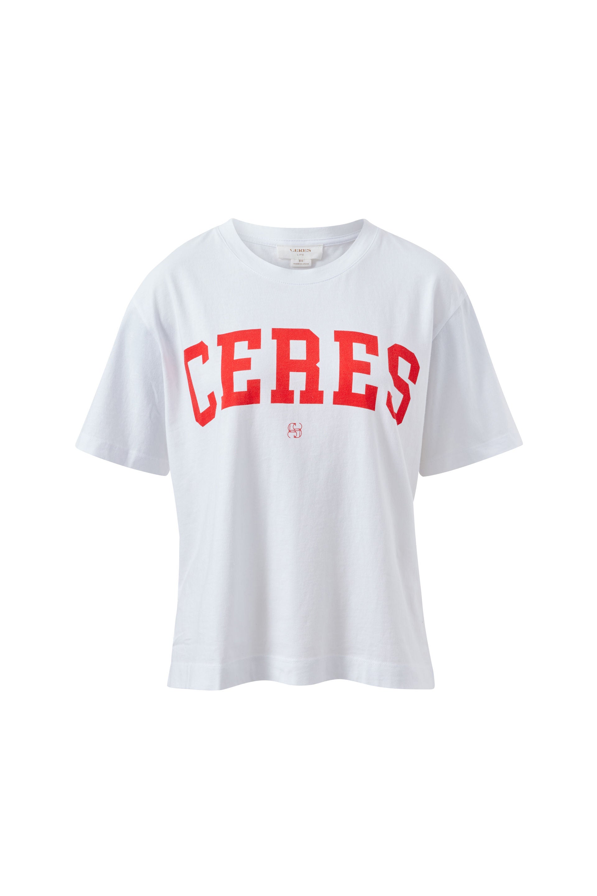 Ceres Life Stevie Slouchy Tee in White Chili Red Varsity, front view