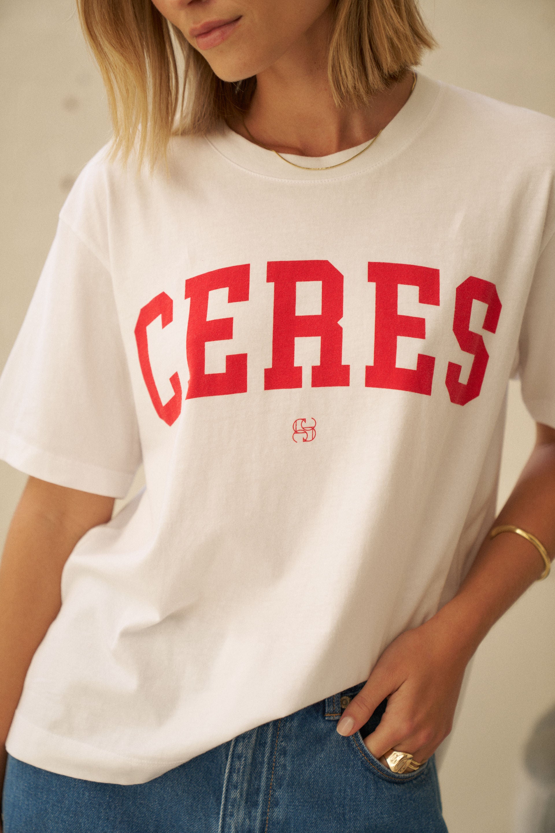 Ceres Life Stevie Slouchy Tee in White Chili Red Varsity, styled detail