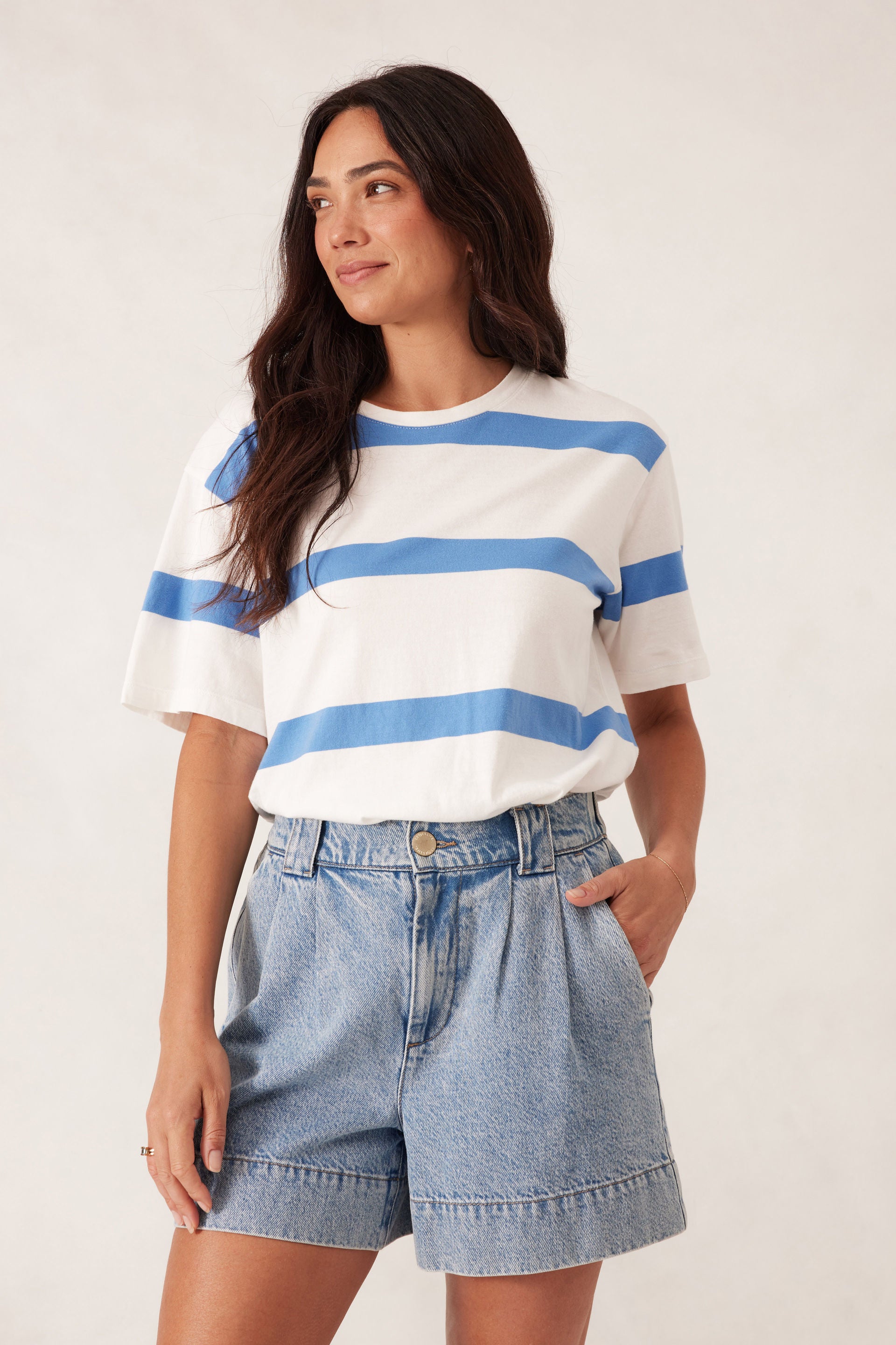 Slouchy Split Hem Tee - Vanilla/pool blue bold stripe