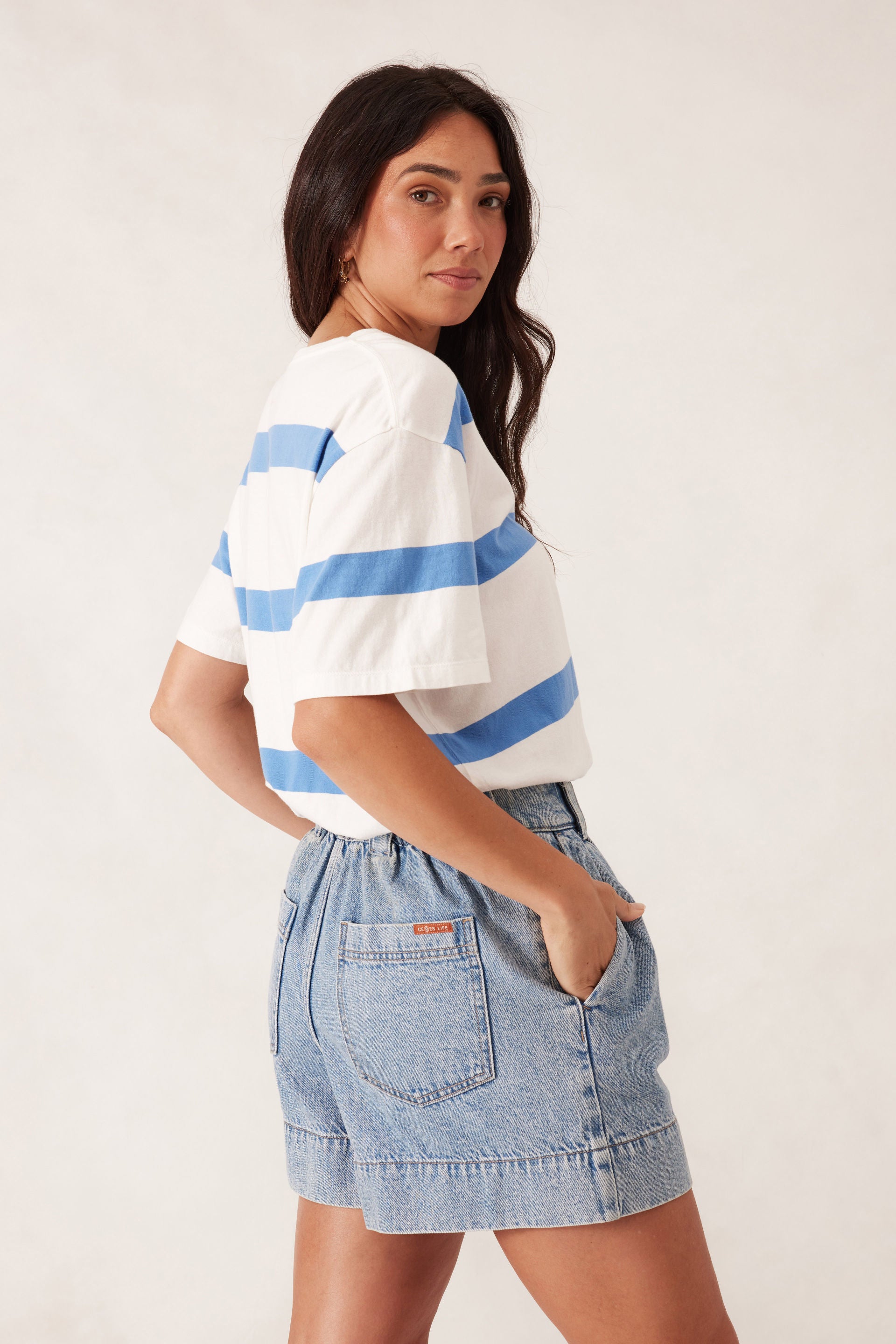 Slouchy Split Hem Tee - Vanilla/pool blue bold stripe