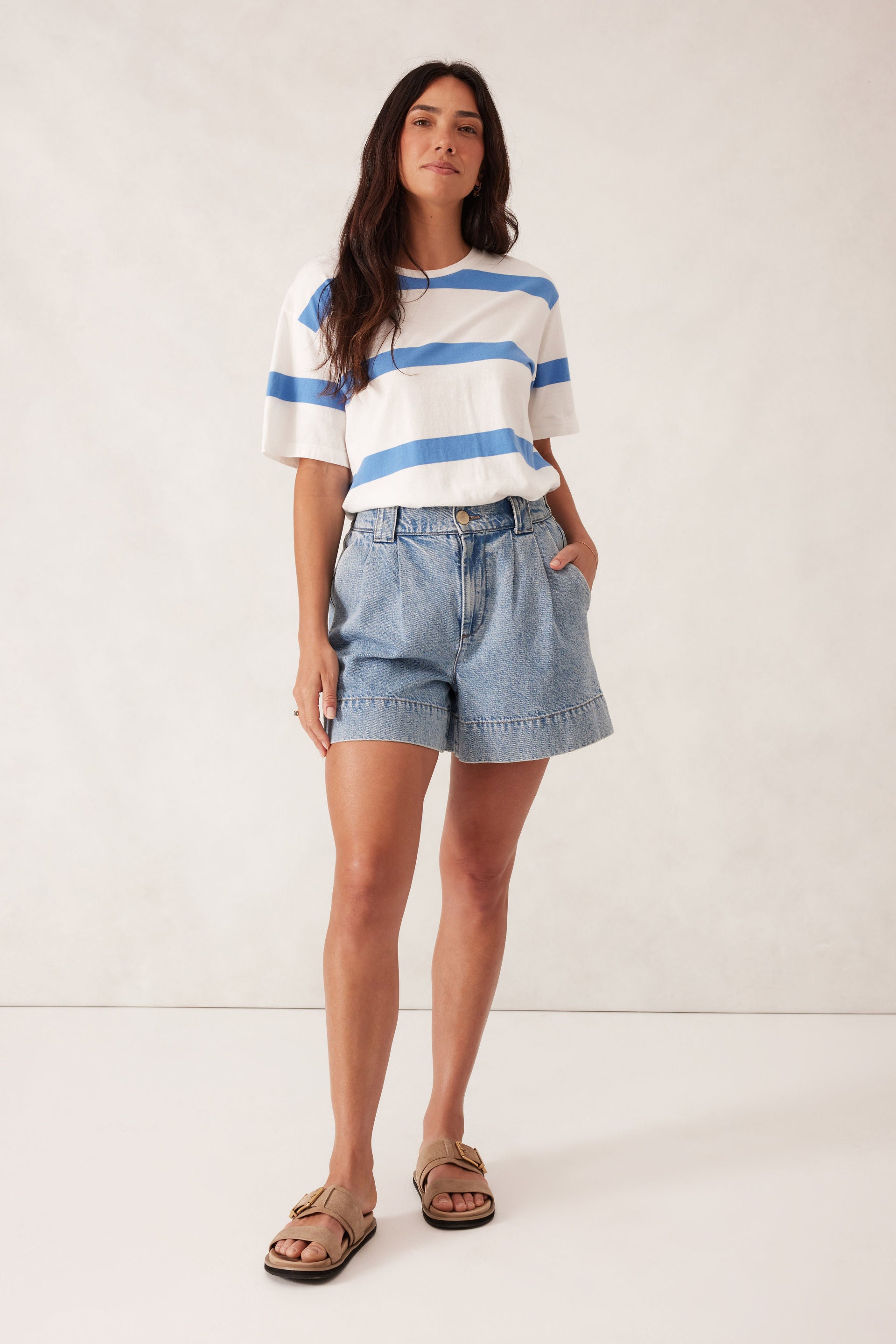 Slouchy Split Hem Tee - Vanilla/pool blue bold stripe