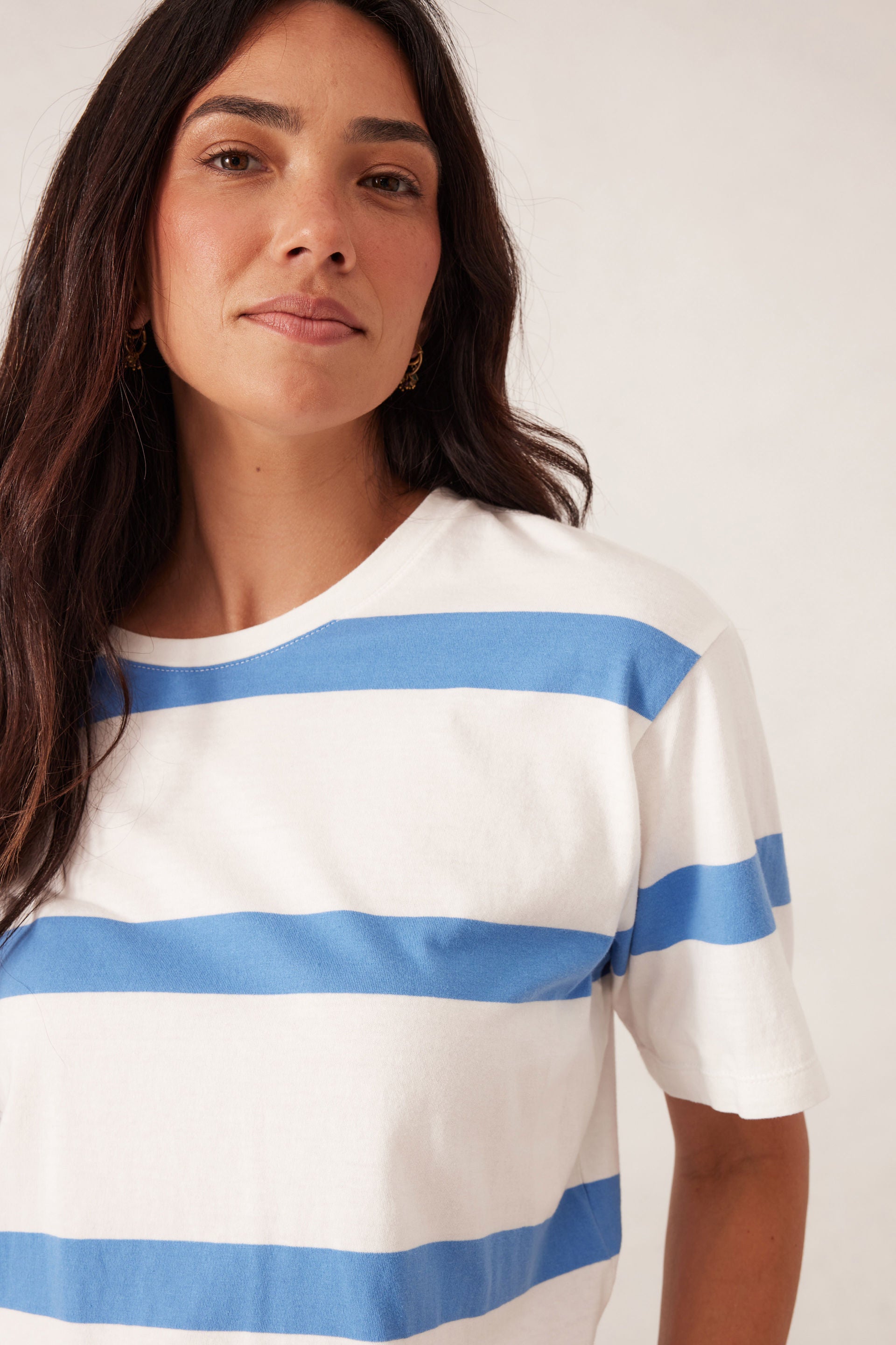 Slouchy Split Hem Tee - Vanilla/pool blue bold stripe