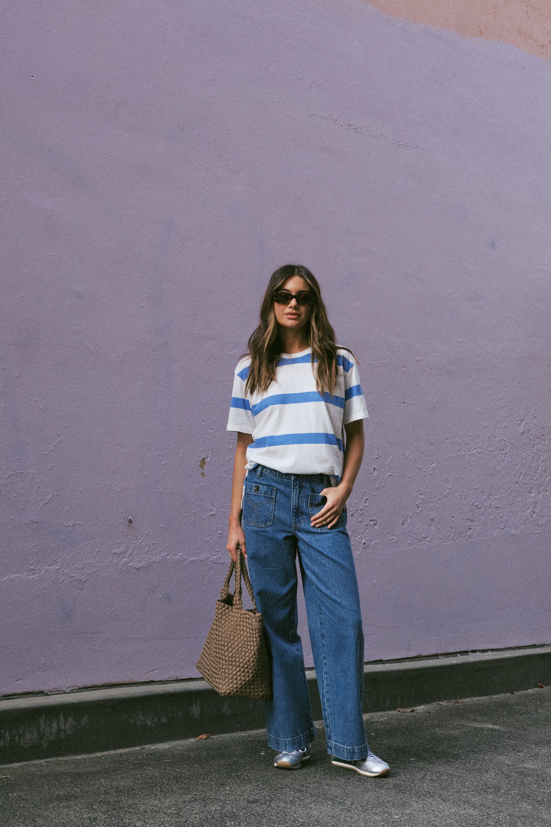 Slouchy Split Hem Tee - Vanilla/pool blue bold stripe