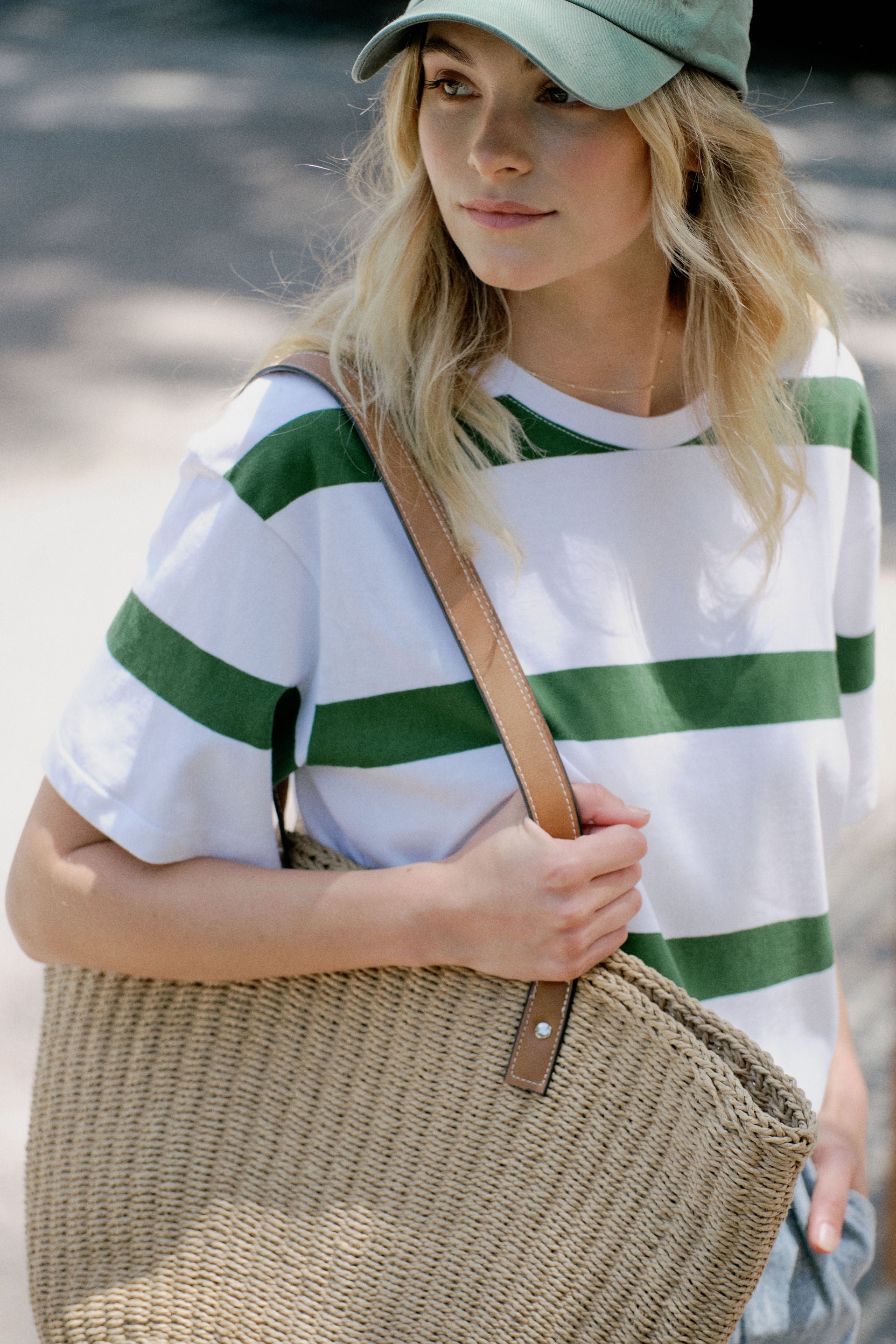 Slouchy Split Hem Tee - Winter green bold stripe