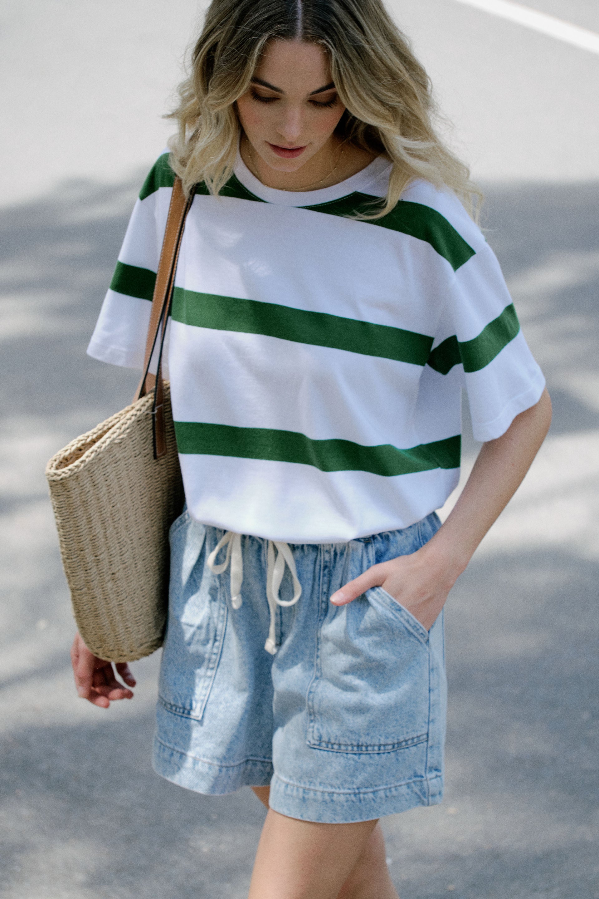 Slouchy Split Hem Tee - Winter green bold stripe