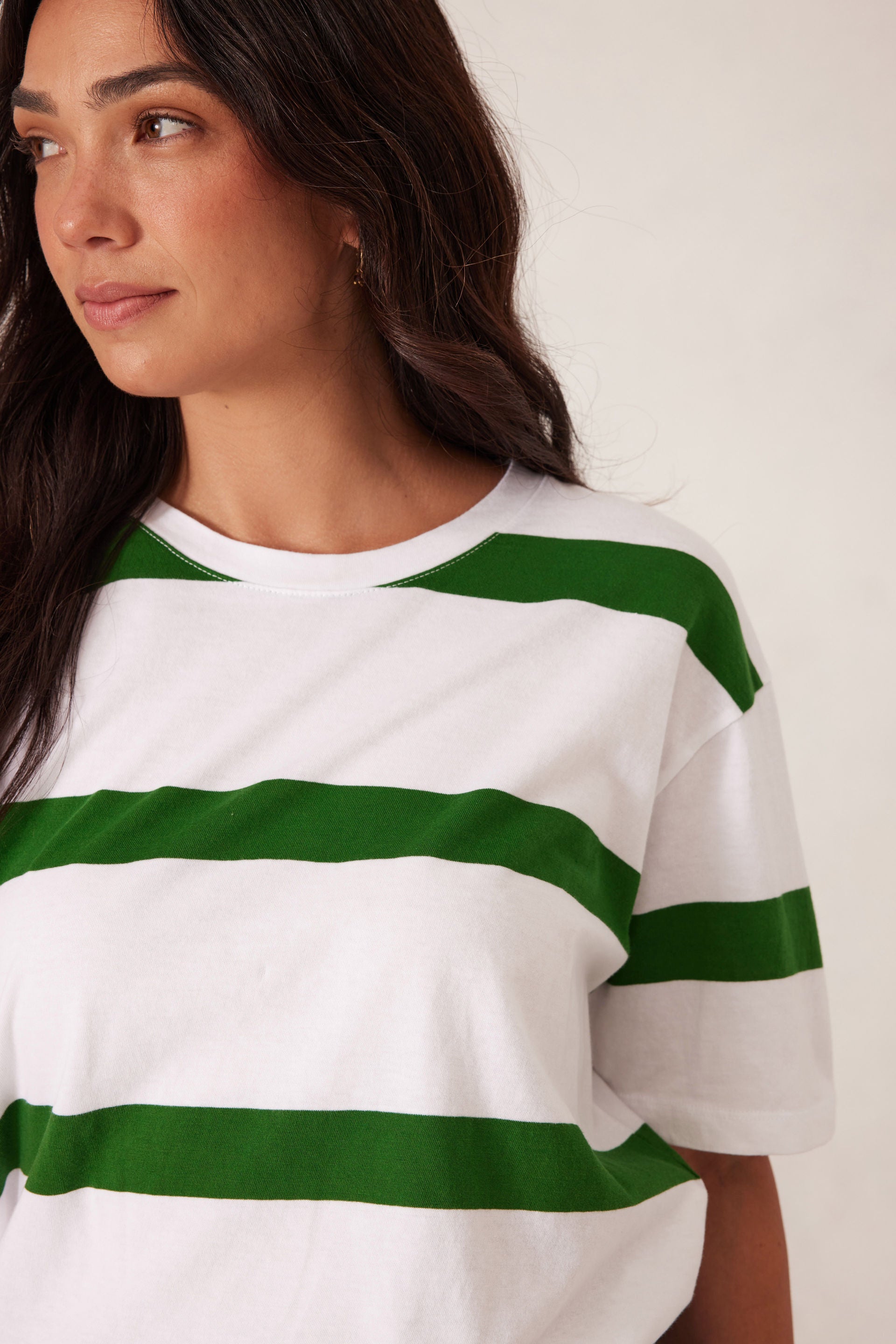 Slouchy Split Hem Tee - Winter green bold stripe