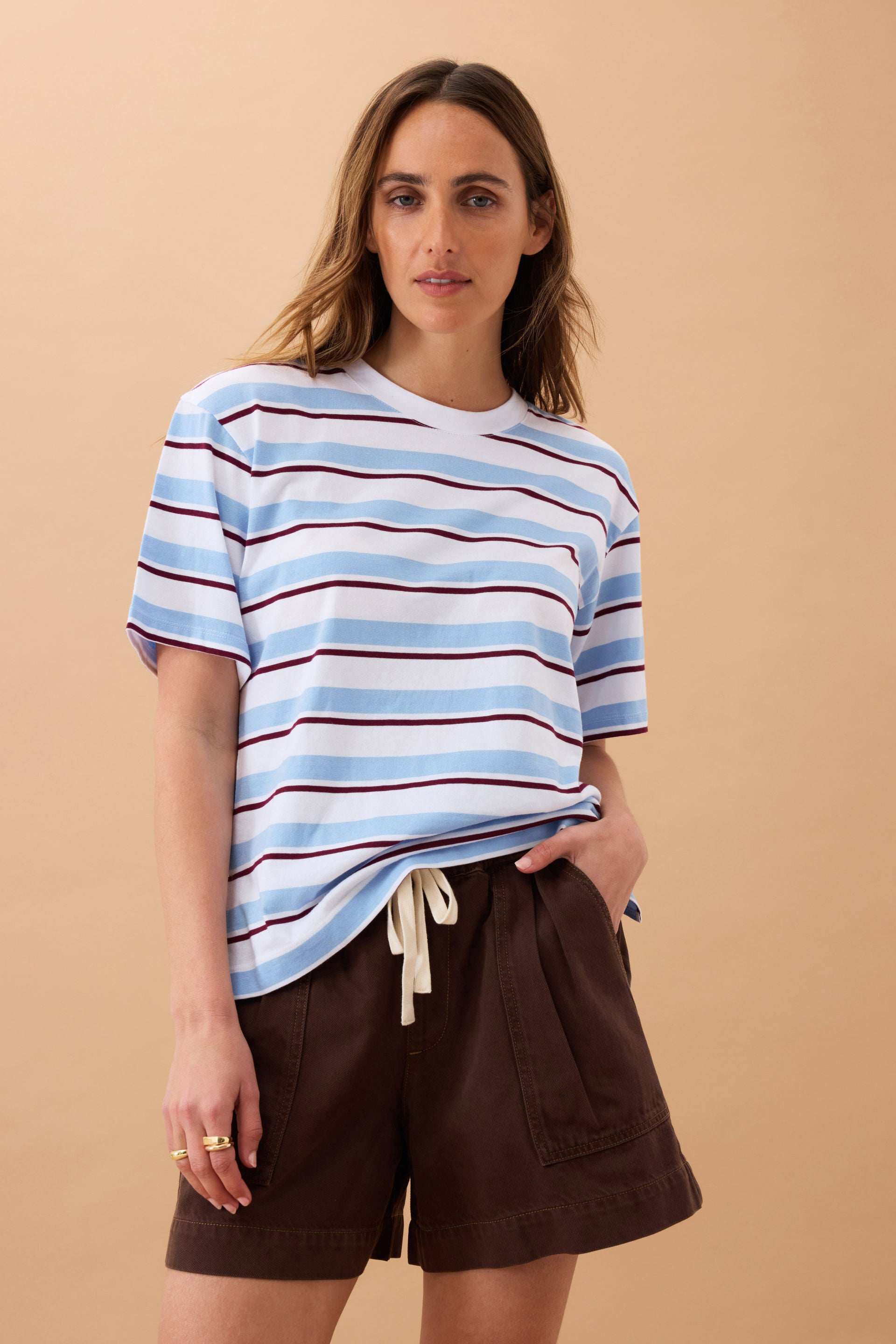Stevie Slouchy Tee - Powder/pomegranate retro stripe