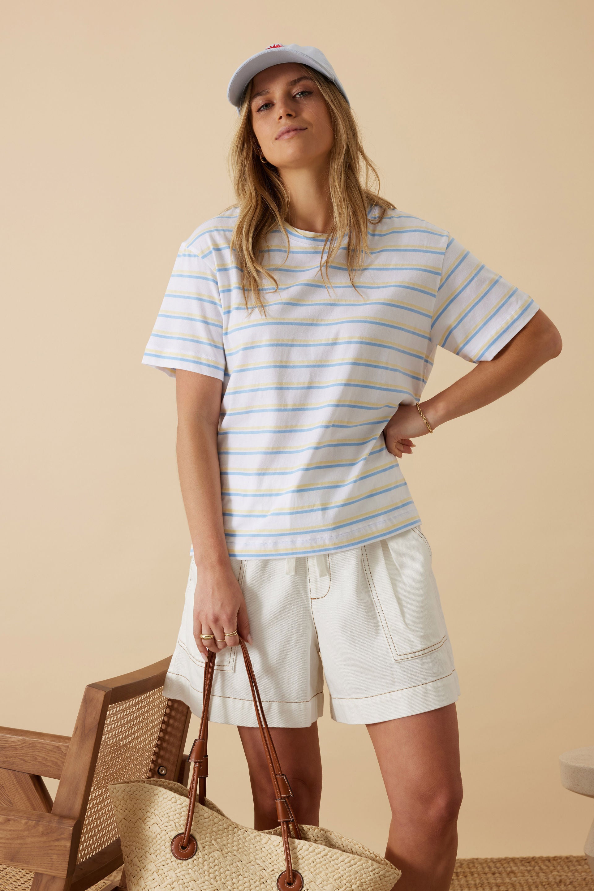 Stevie Slouchy Tee -  Powder blue/sunny yellow stripe
