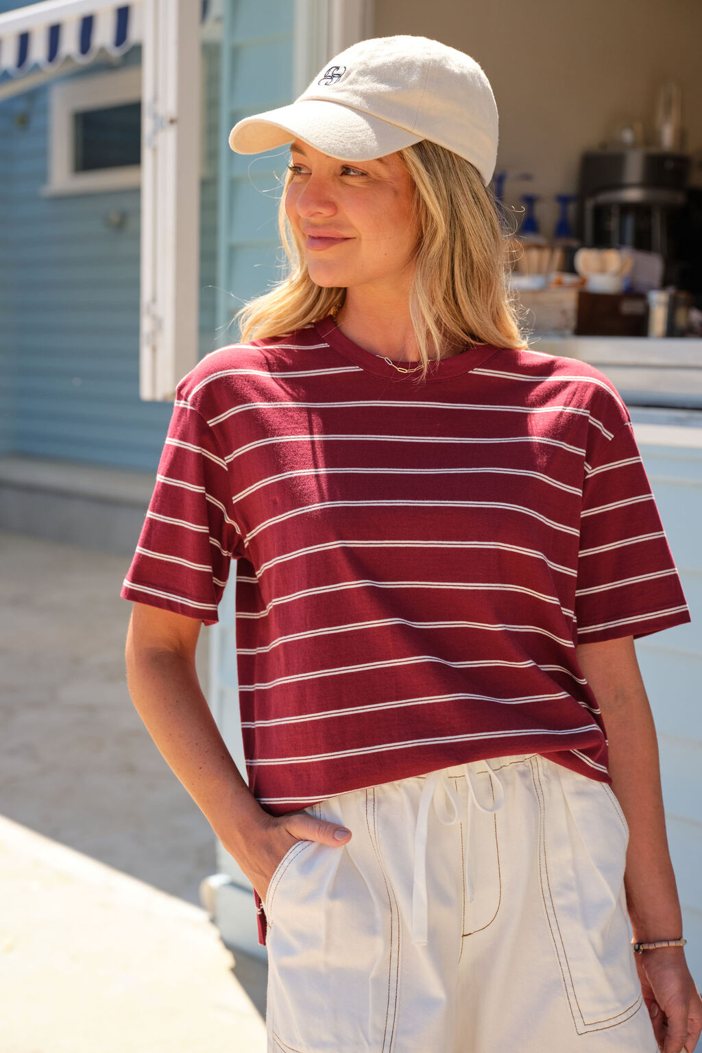 Stevie Slouchy Tee - Burgundy / Milk Stripe