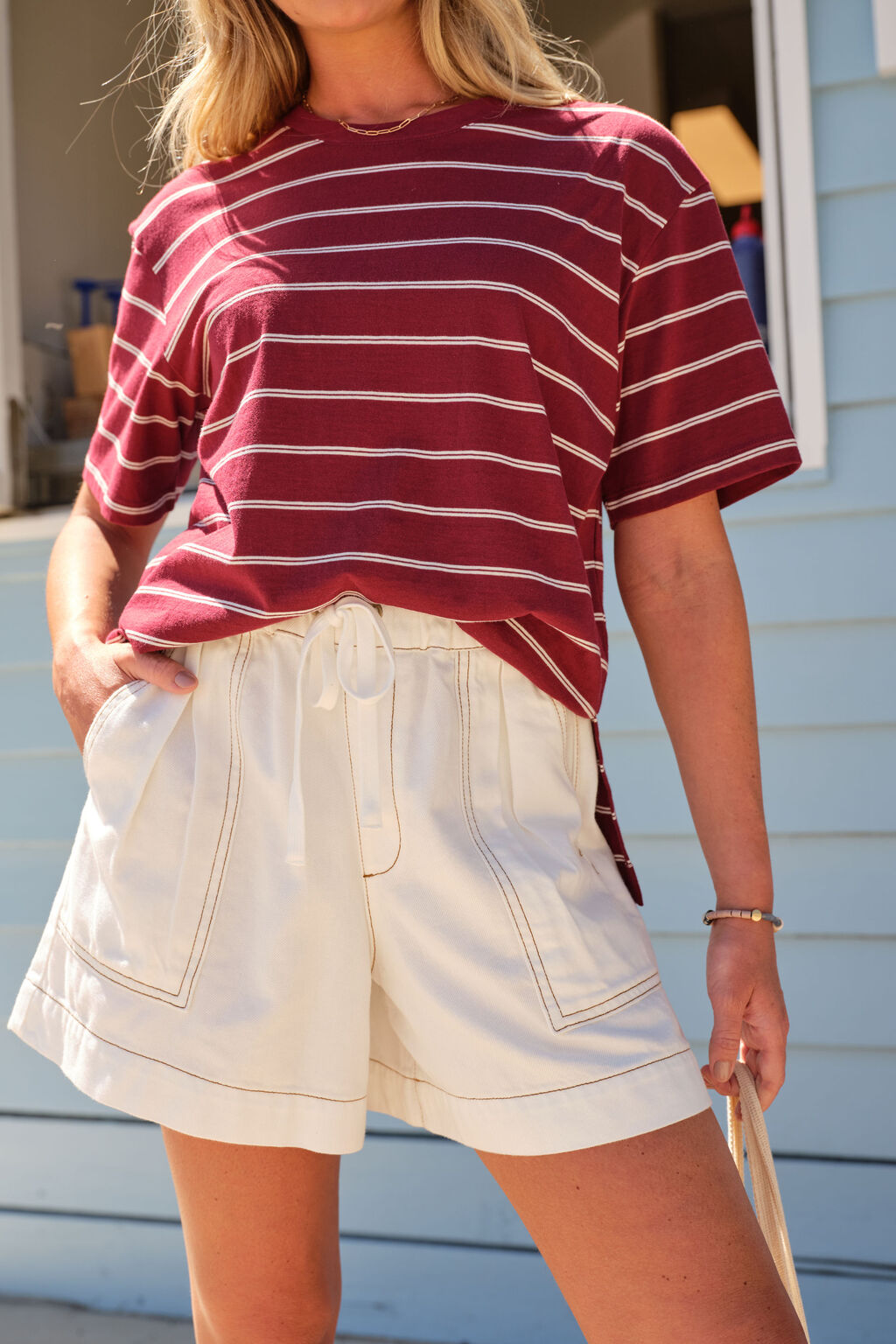 Stevie Slouchy Tee - Burgundy / Milk Stripe