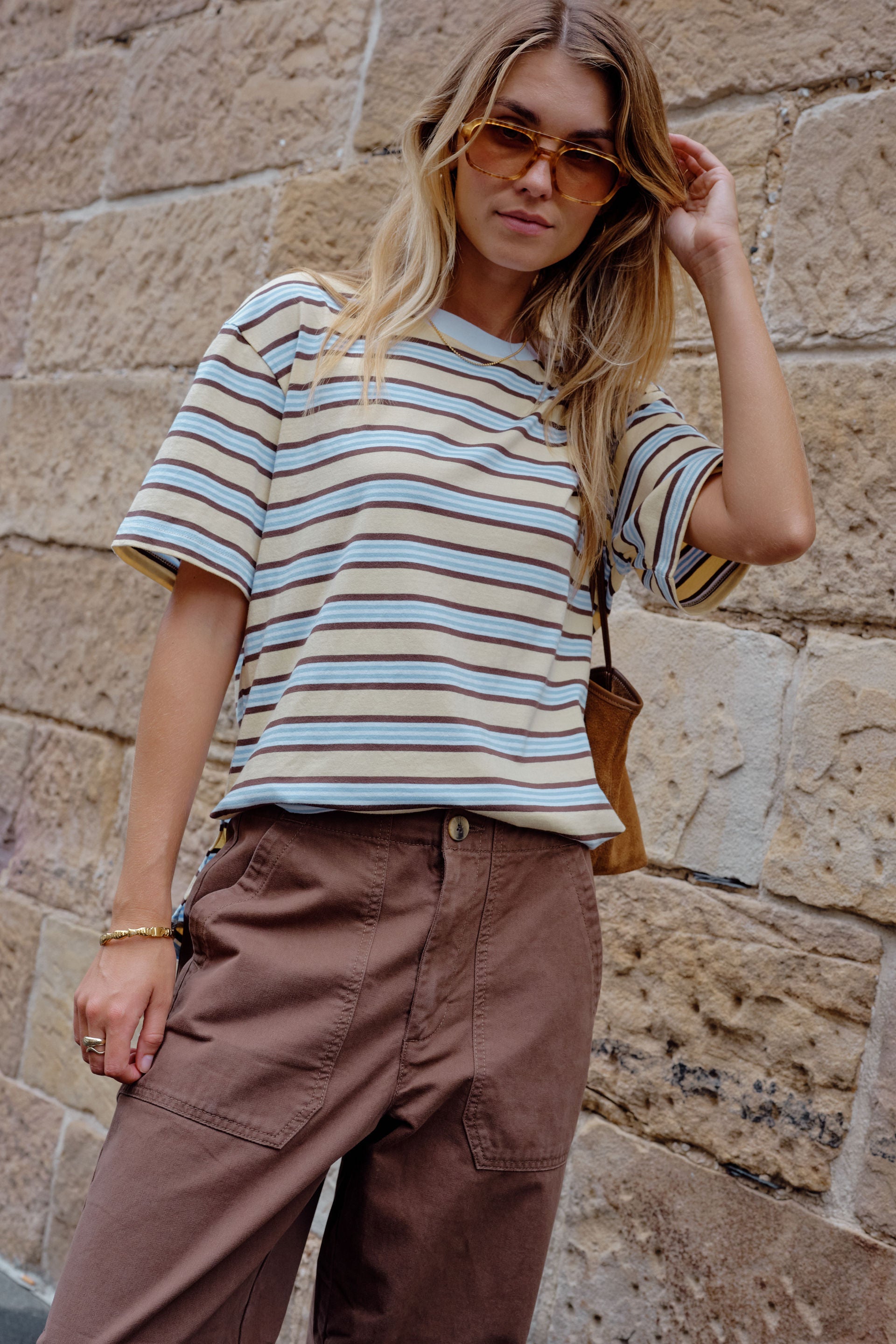 Ceres Life Stevie Slouchy Tee in New Butter Brunette Stripe, styled detail
