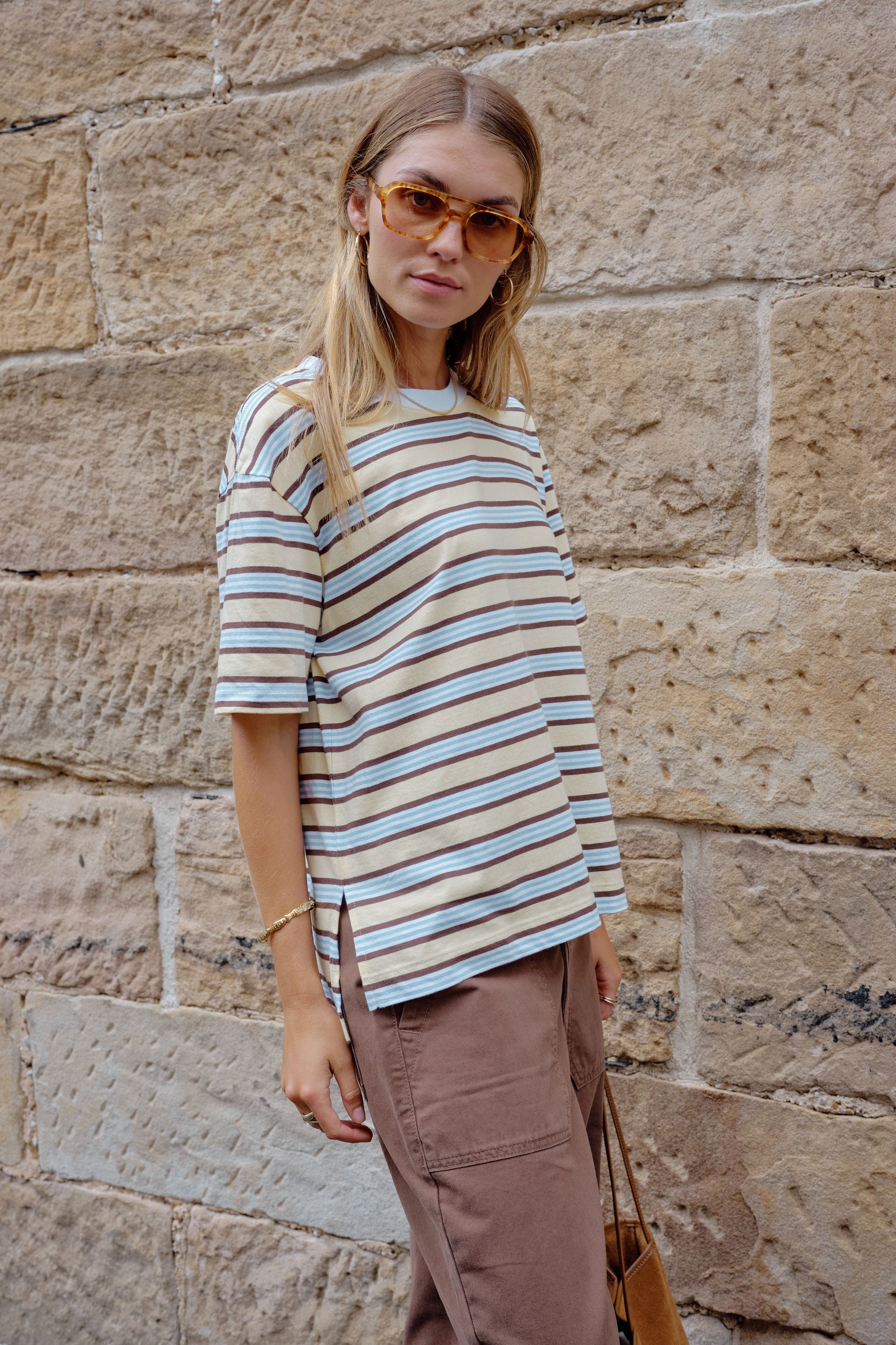 Ceres Life Stevie Slouchy Tee in New Butter Brunette Stripe, fabric detail