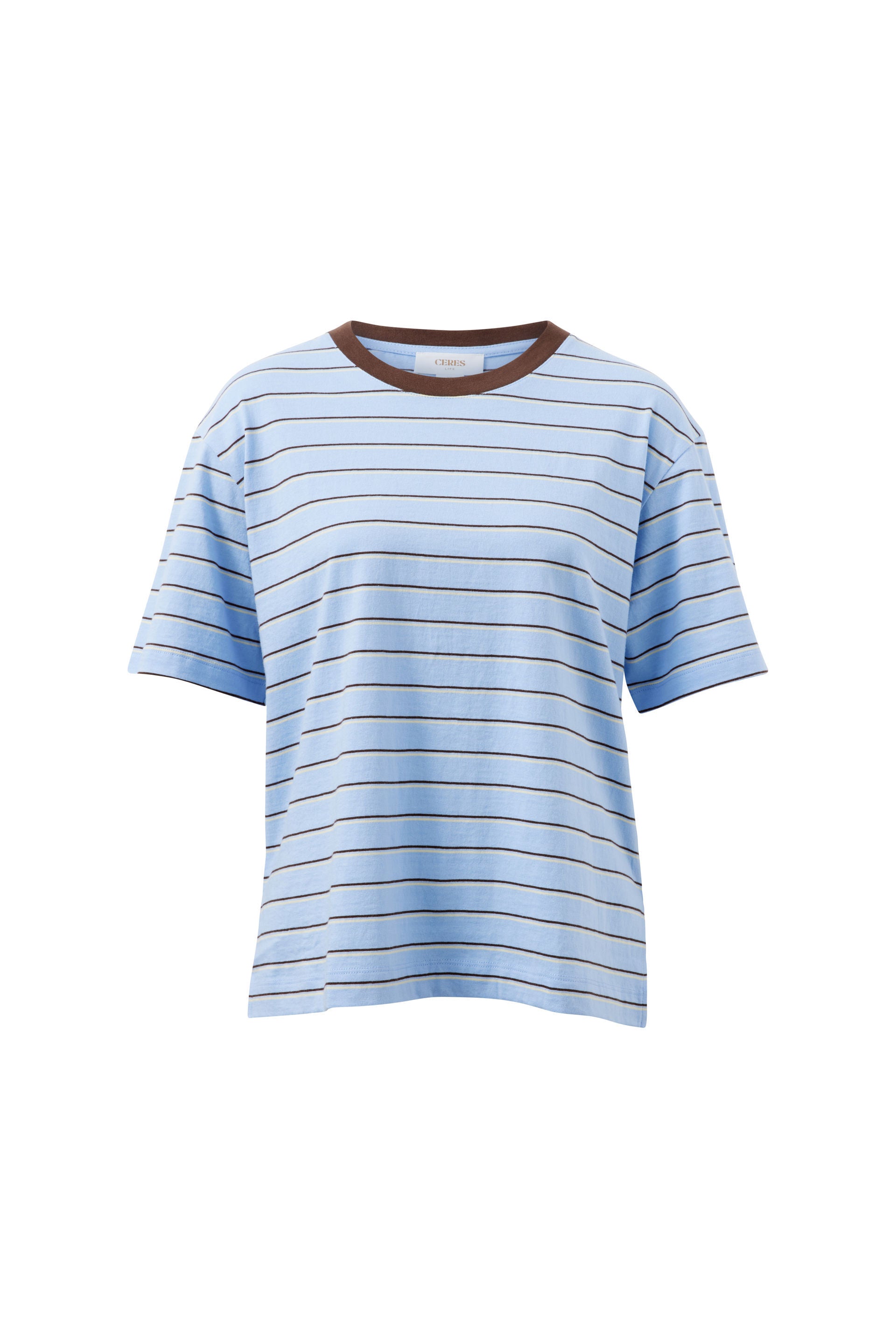 Ceres Life Stevie Slouchy Tee in China Blue/Choc Butter Stripe, stepped hem and side split detail