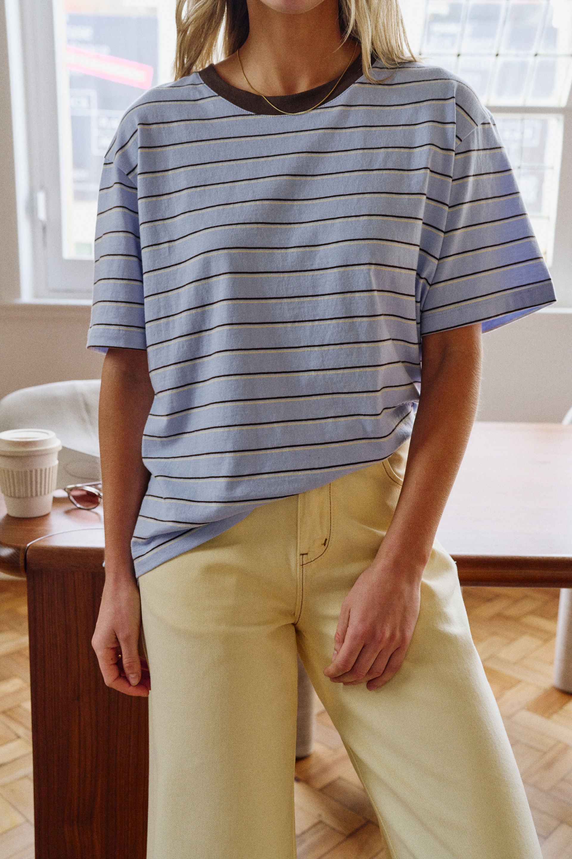 Ceres Life Stevie Slouchy Tee in China Blue/Choc Butter Stripe, Australian cotton, front view