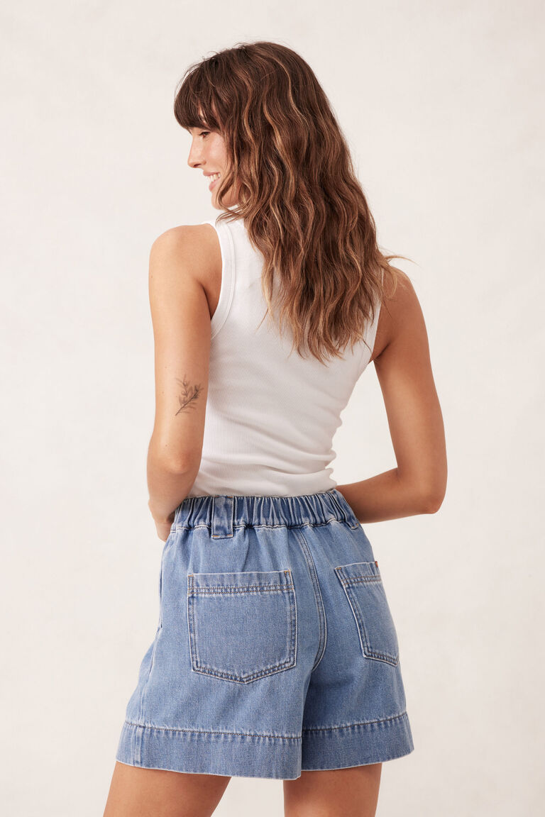 Pleat Front Short -Mid Blue Wash