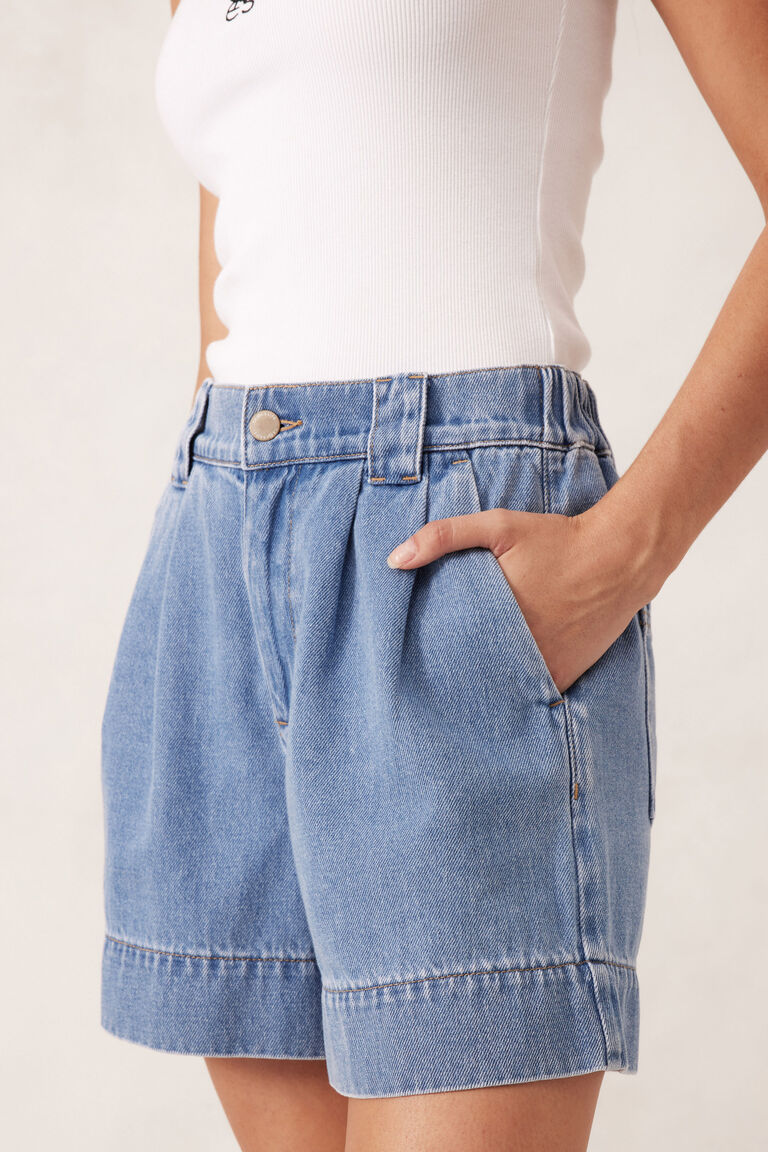 Pleat Front Short -Mid Blue Wash