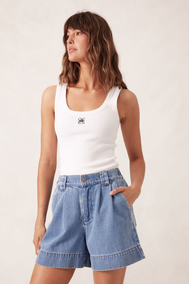 Pleat Front Short -Mid Blue Wash