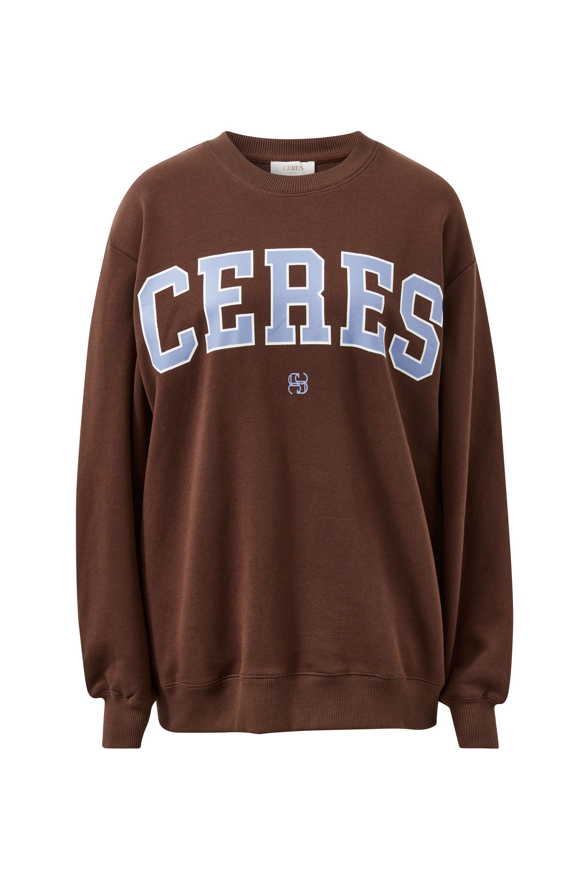 Isla Oversized Slouchy Crew  -  Brunette Brown Buff Sky Blue Heritage Logo